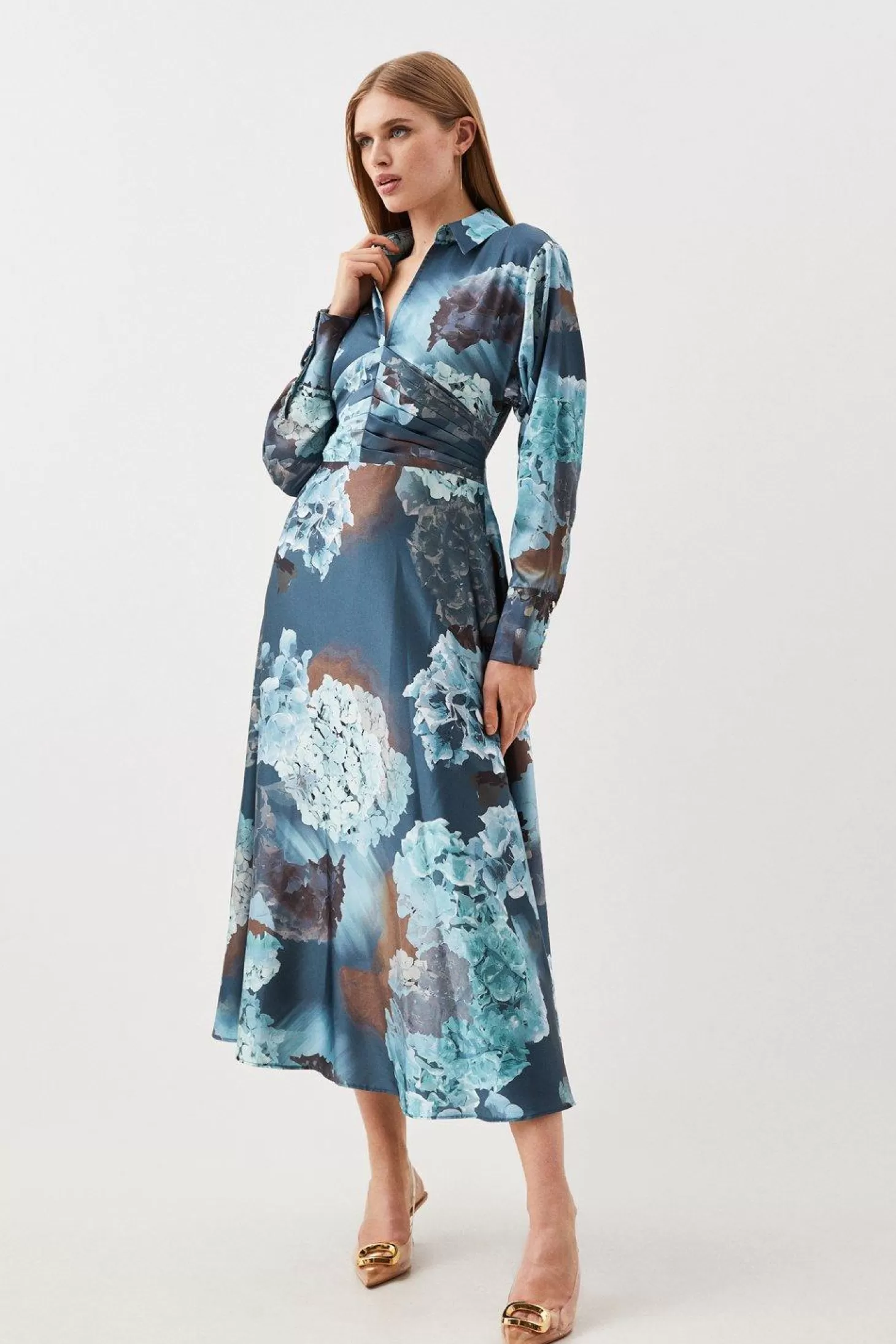 Karen Millen Abstract Floral Draped Satin Woven Midi Dress