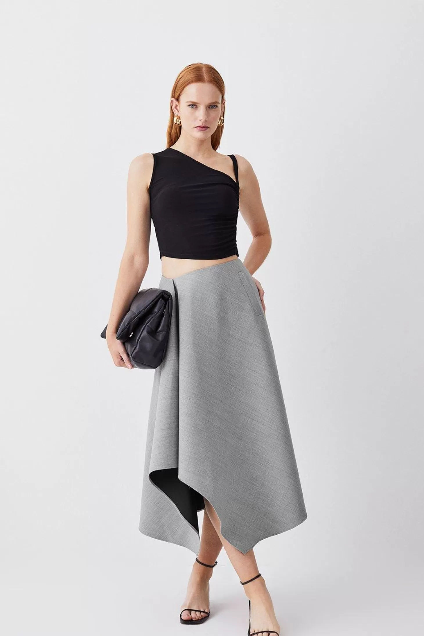 Karen Millen Asymmetric Wool Flannel Midi Full Skirt