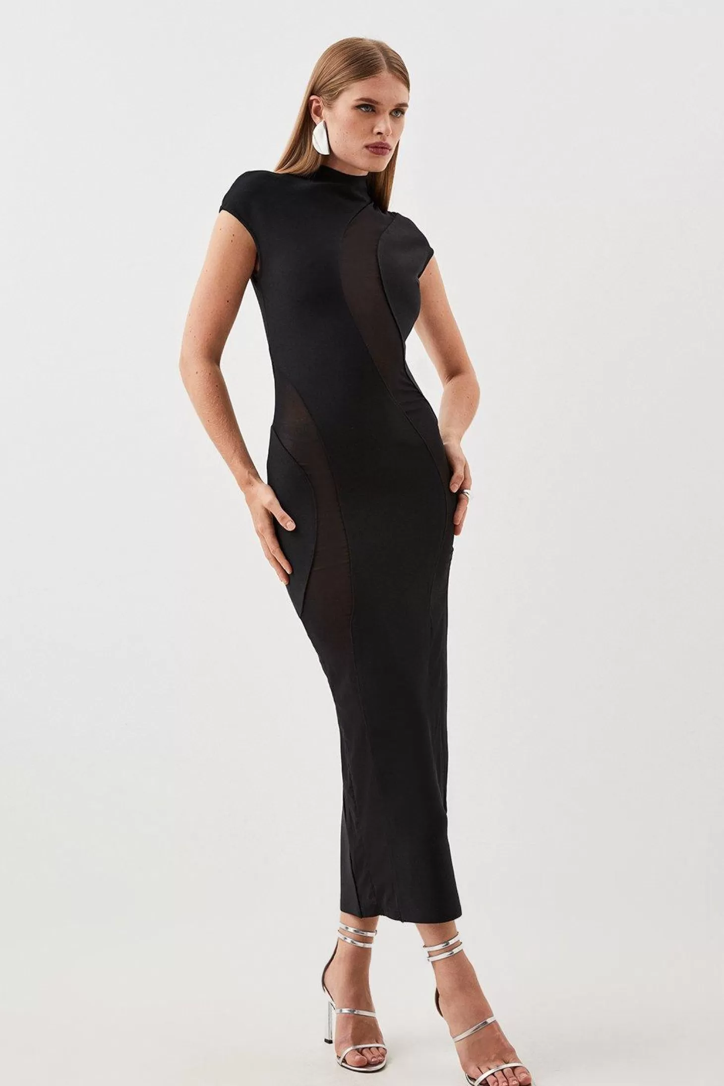 Karen Millen Bandage Figure Form Mesh Detail Knit Maxi Dress