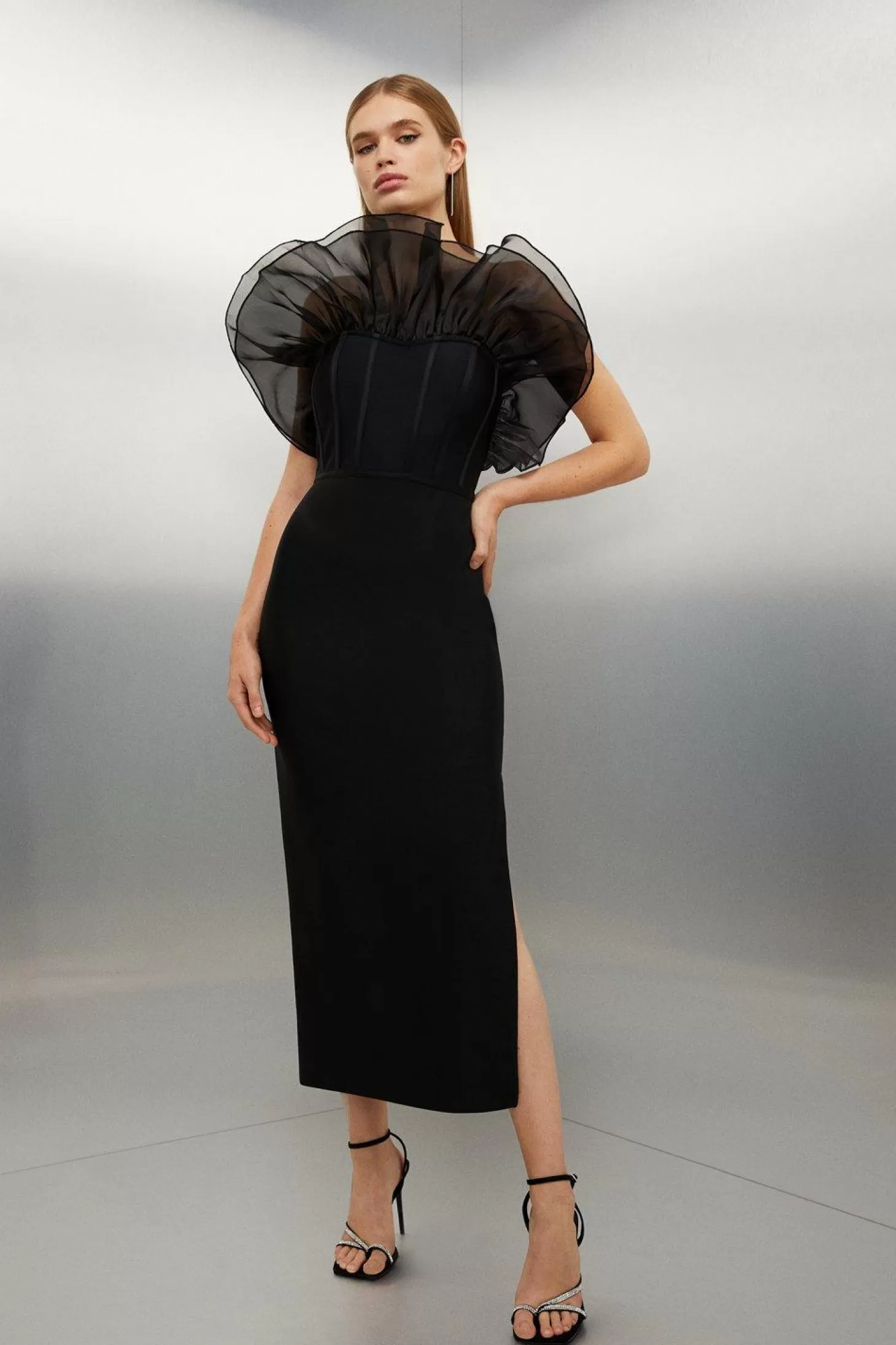 Karen Millen Bandage Figure Form Organza Frill Knit Midaxi Dress