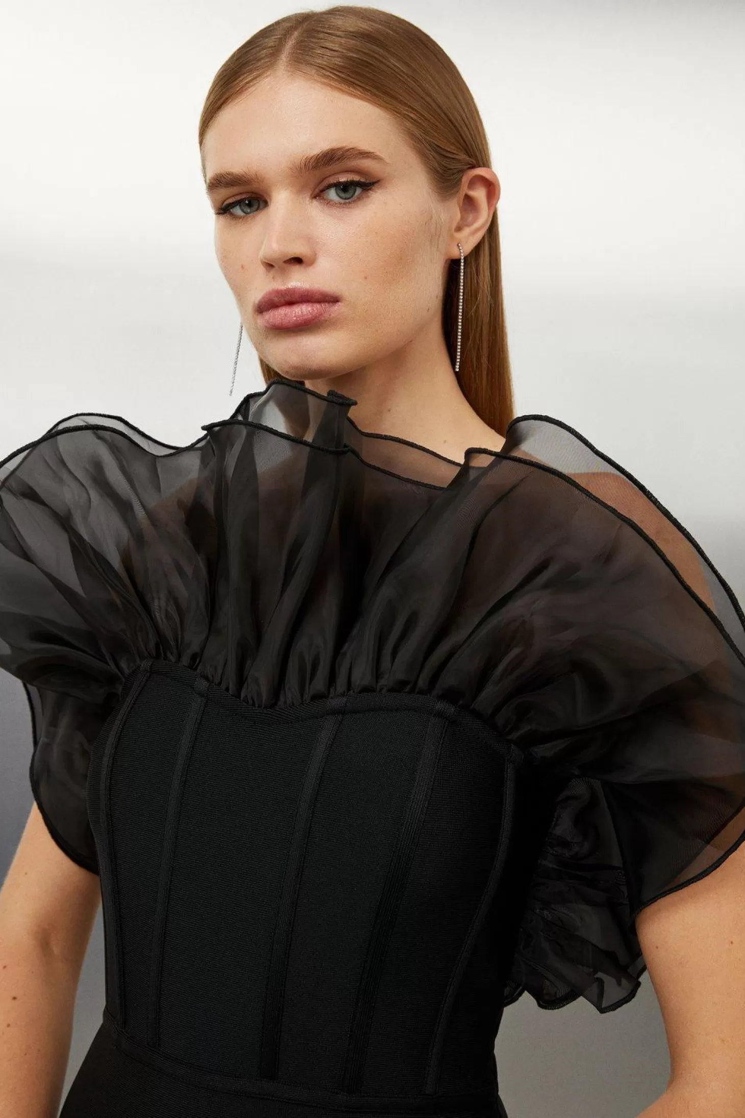 Karen Millen Bandage Figure Form Organza Frill Knit Midaxi Dress