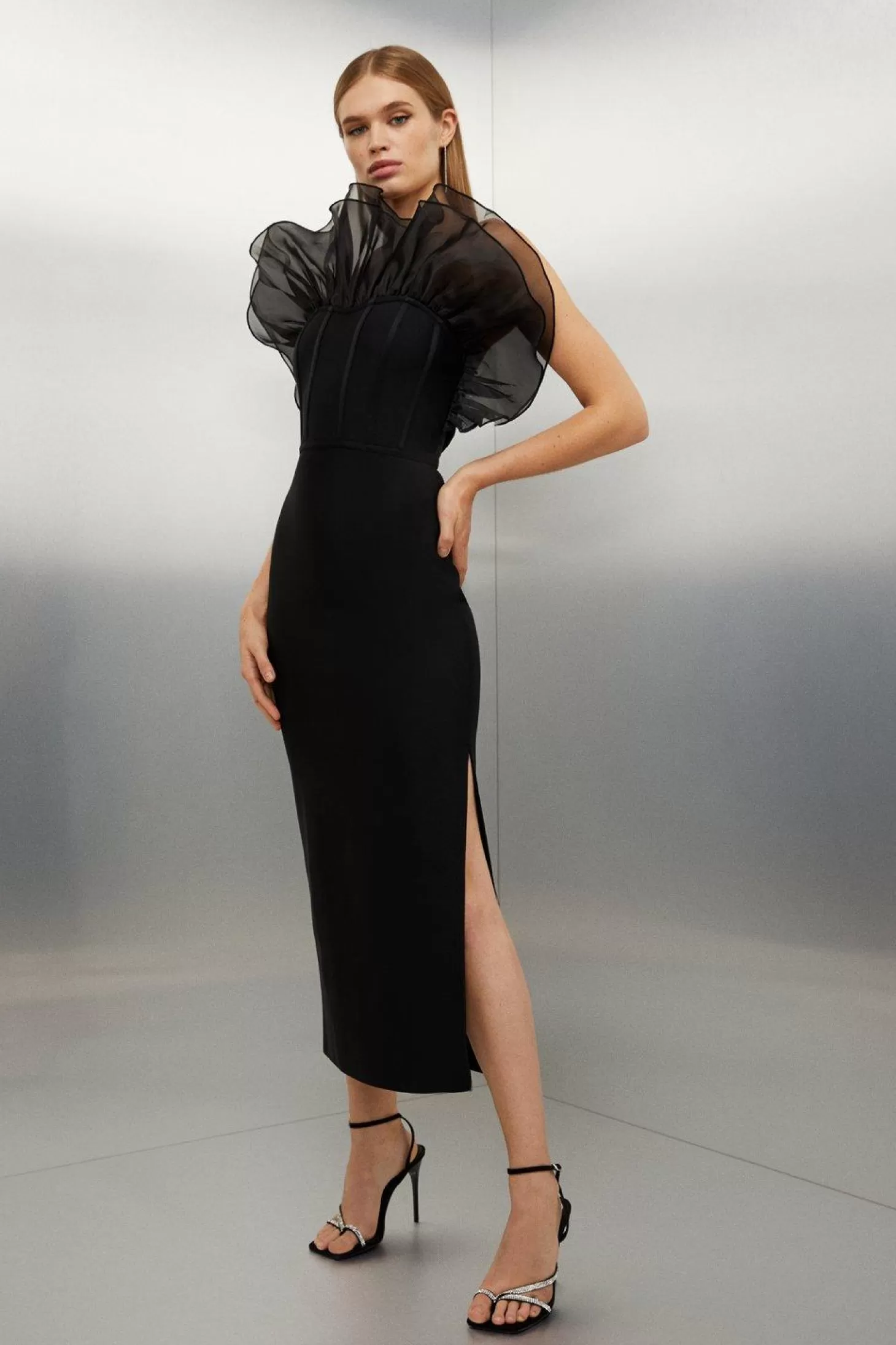 Karen Millen Bandage Figure Form Organza Frill Knit Midaxi Dress