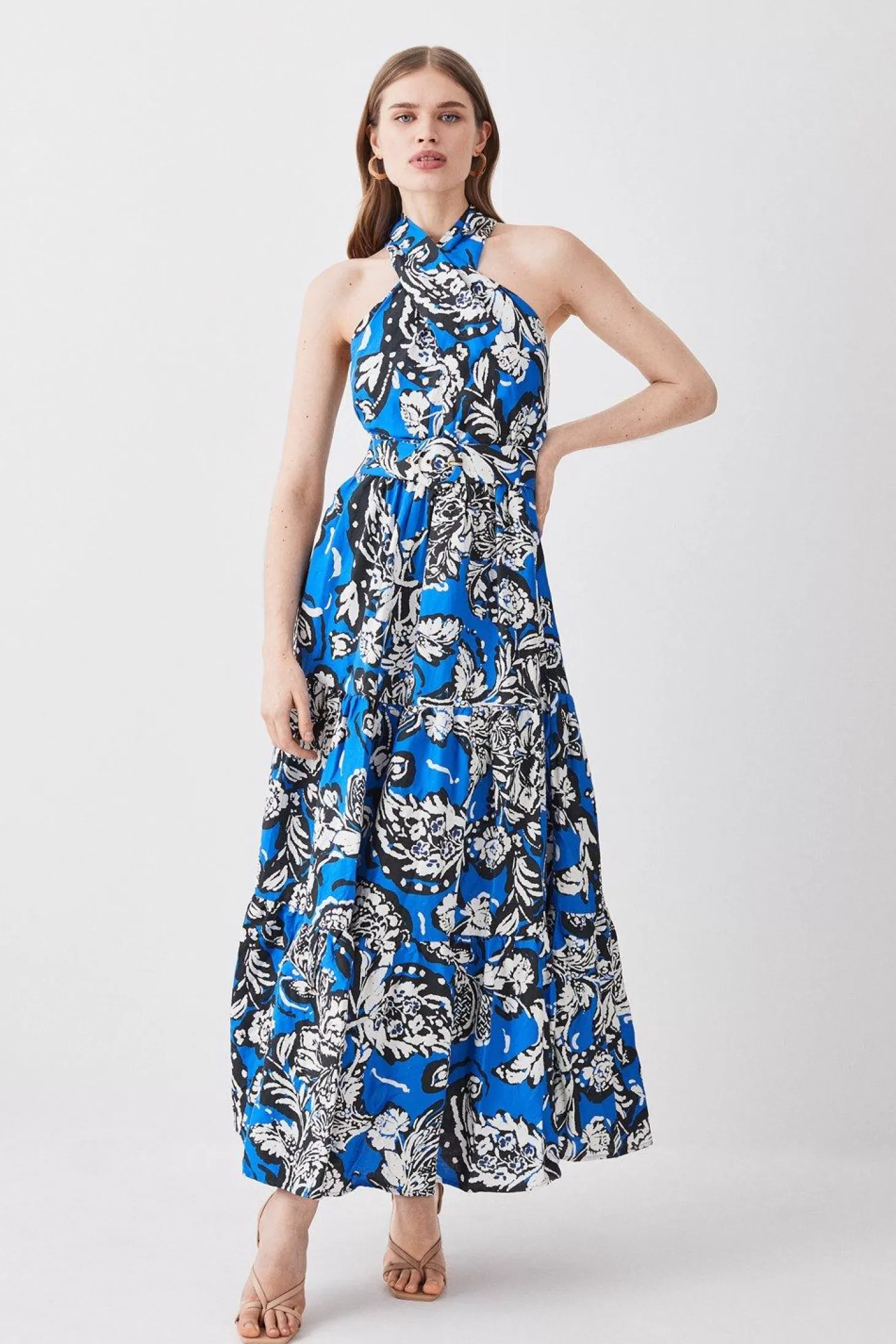 Karen Millen Batik Viscose Linen Belted Halterneck Midi Dress