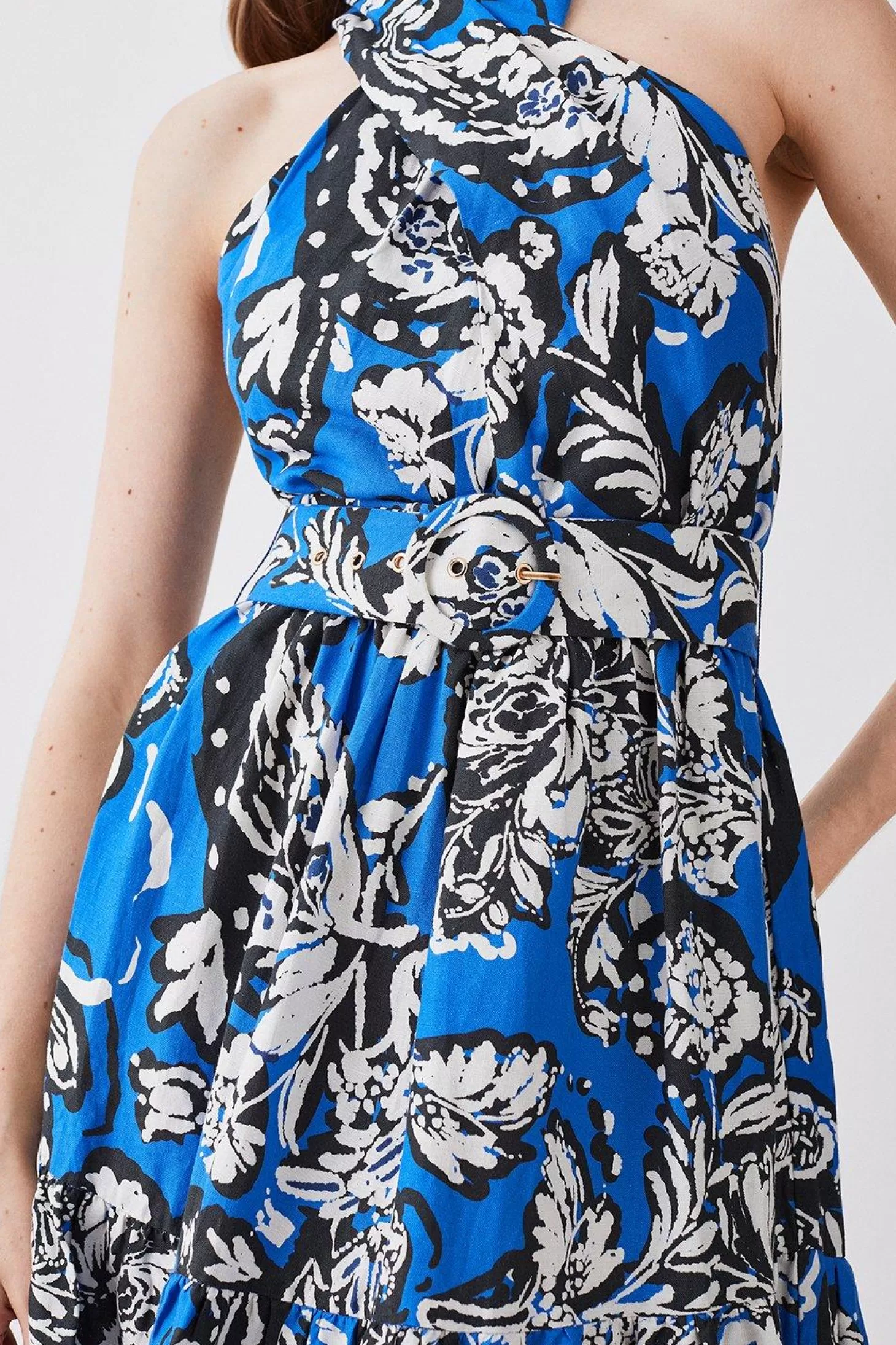 Karen Millen Batik Viscose Linen Belted Halterneck Midi Dress