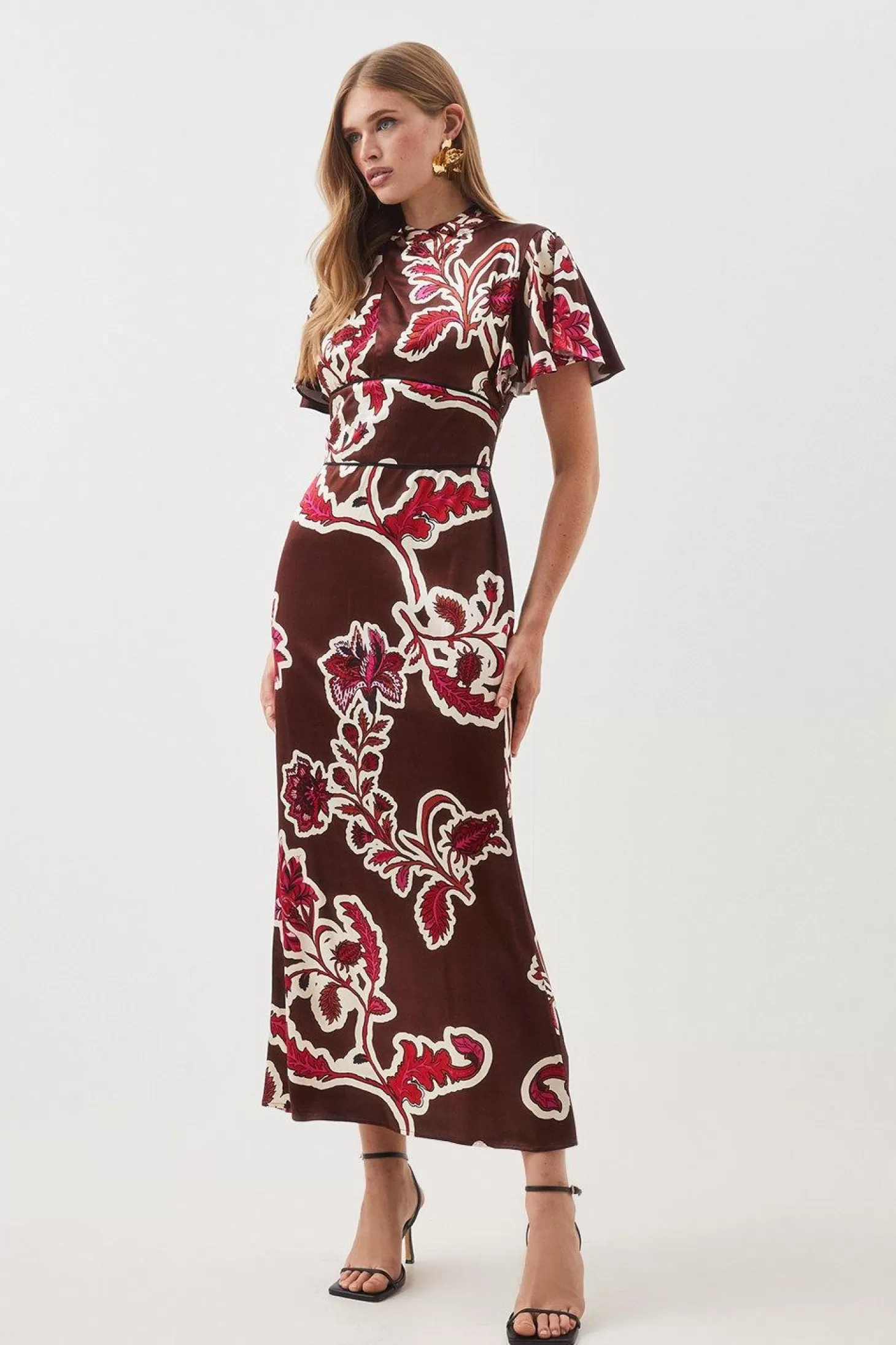 Karen Millen Batik Viscose Satin Angel Sleeve Woven Midi Dress