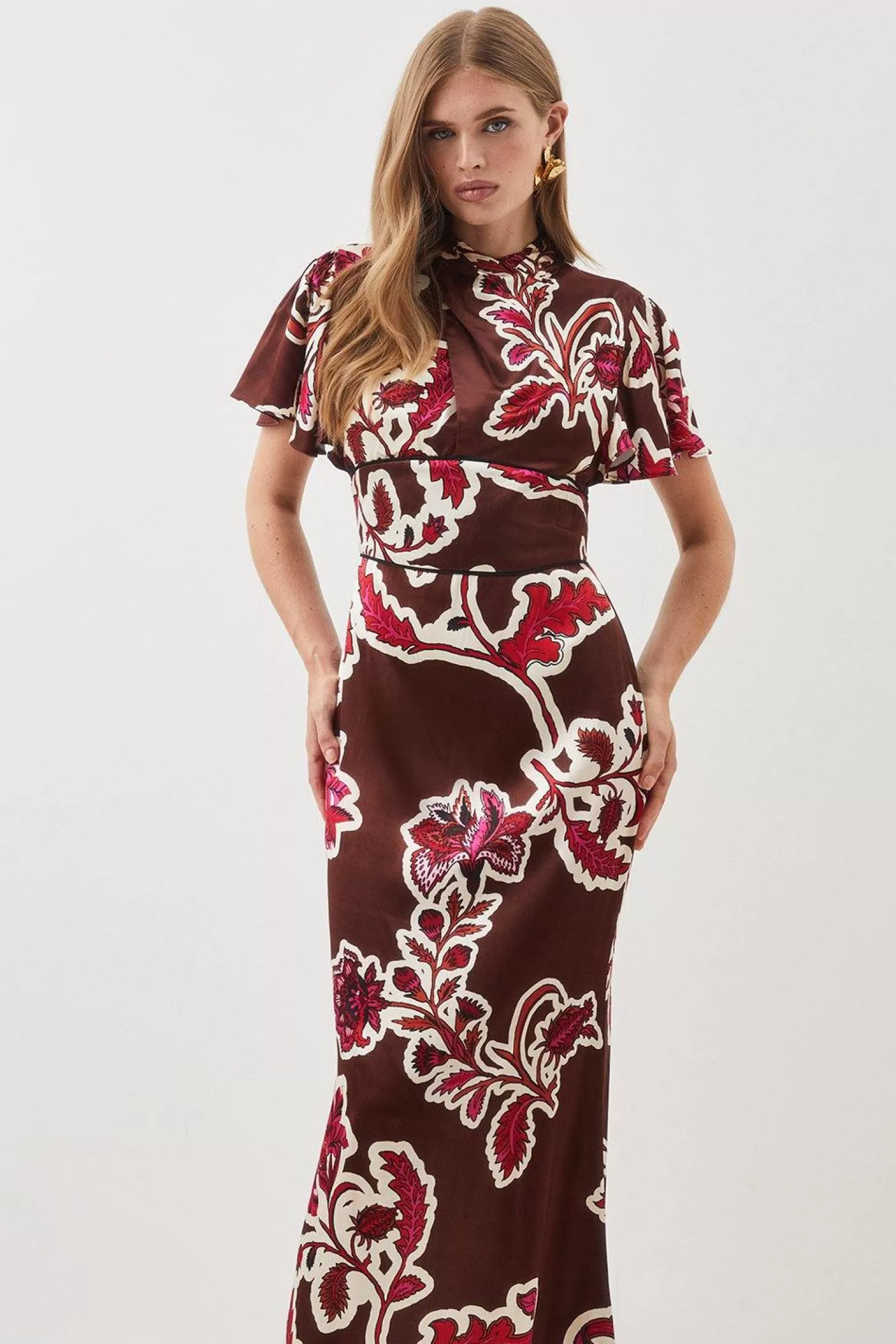 Karen Millen Batik Viscose Satin Angel Sleeve Woven Midi Dress