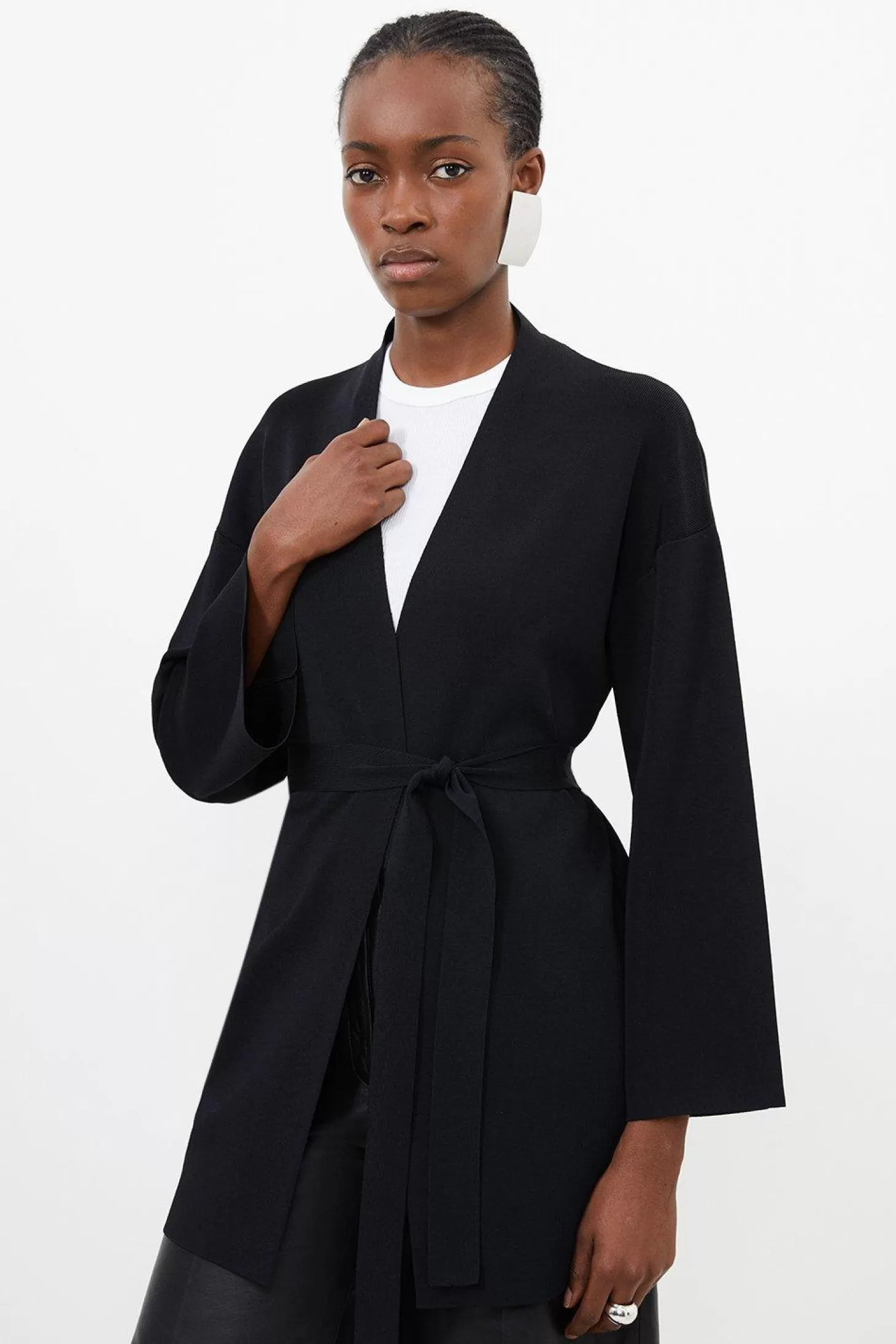 Karen Millen Belted Premium Drape Knit Edge To Edge Cardigan