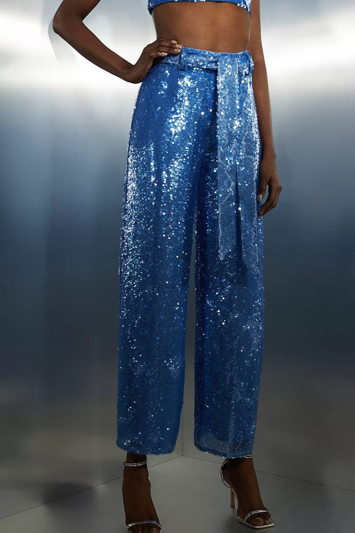 Karen Millen Sequin High Waisted Belted Woven Pants