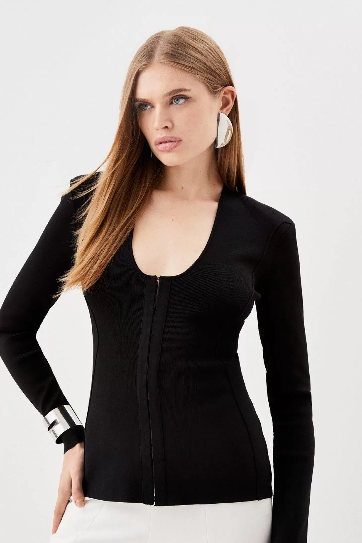 Karen Millen Body Contouring Plunge Neck Corset Detail Knit Top