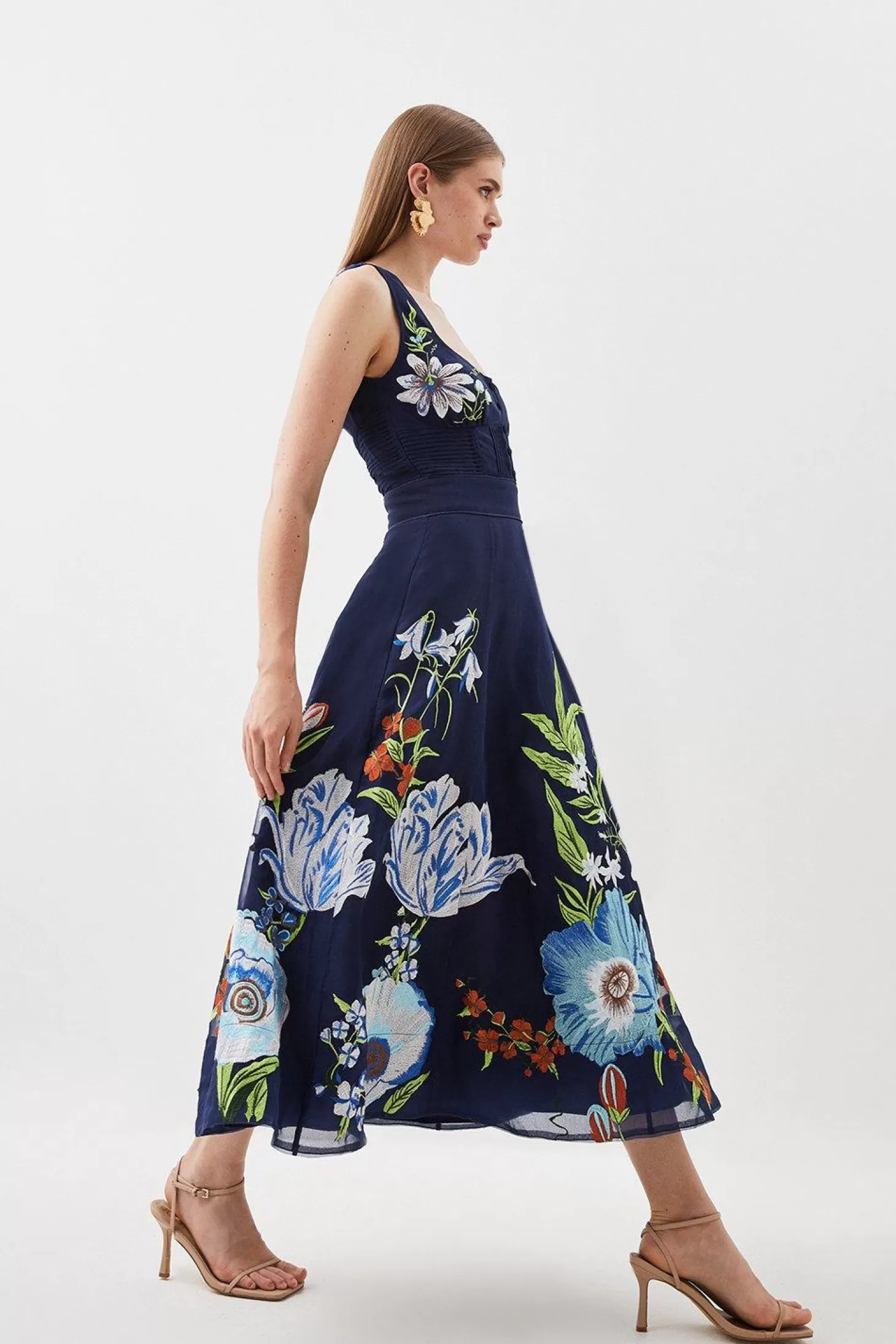 Karen Millen Botanical Embroidery Organdie Strappy Midi Dress