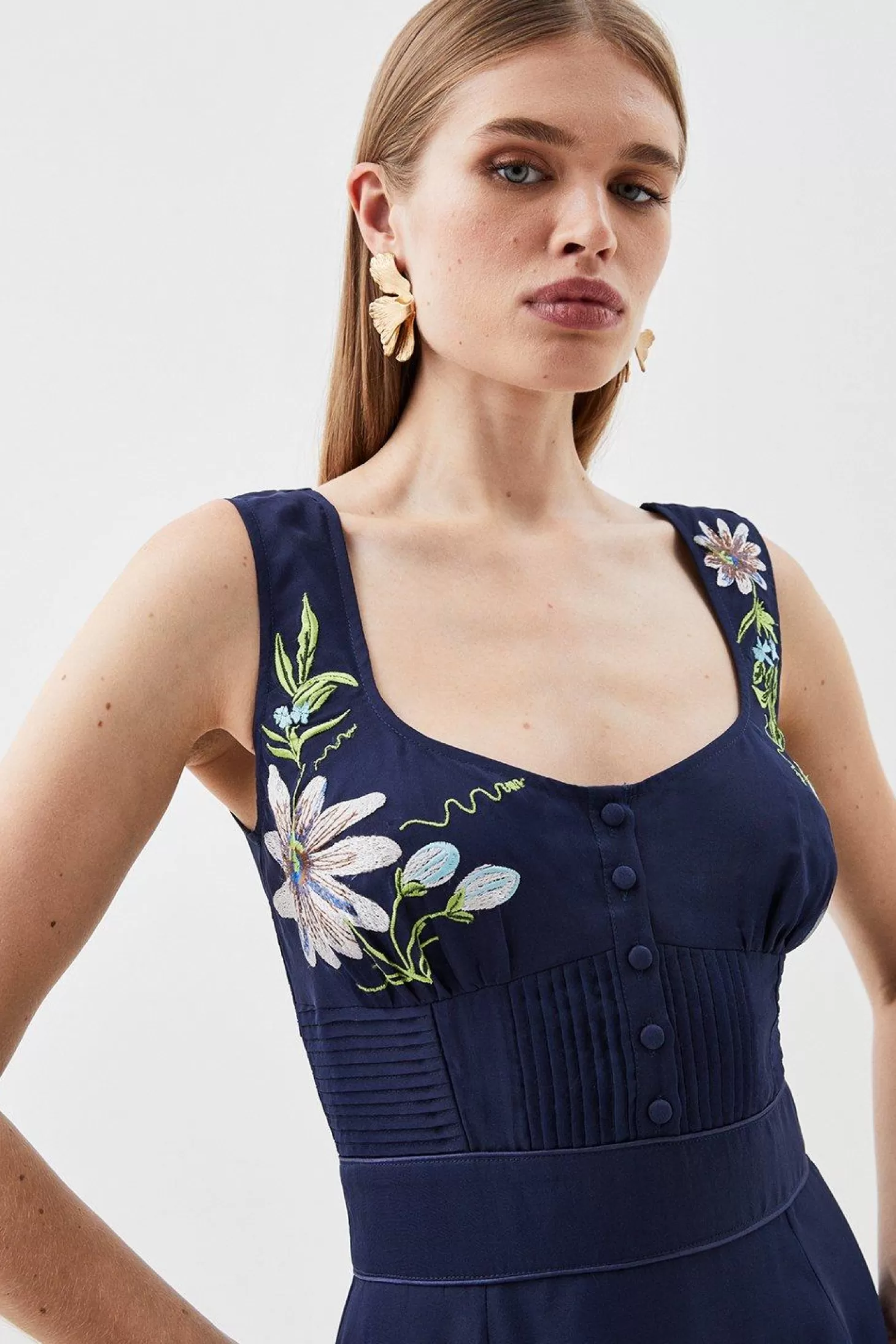 Karen Millen Botanical Embroidery Organdie Strappy Midi Dress