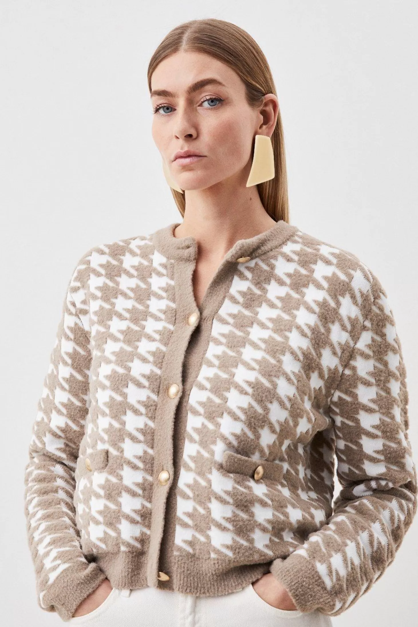 Karen Millen Boucle Jacquard Dogtooth Knit Cardigan