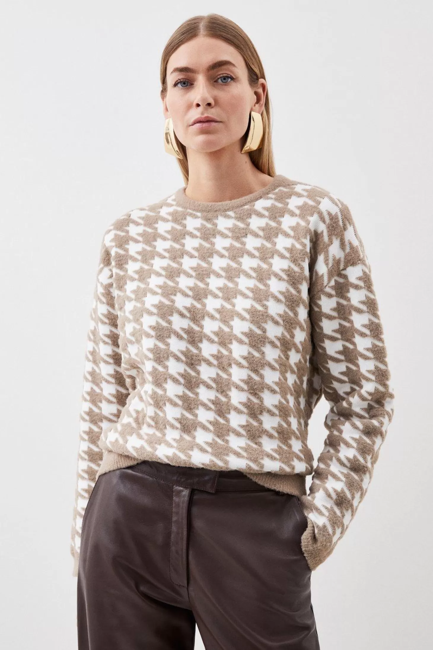 Karen Millen Boucle Jacquard Dogtooth Knit Sweater