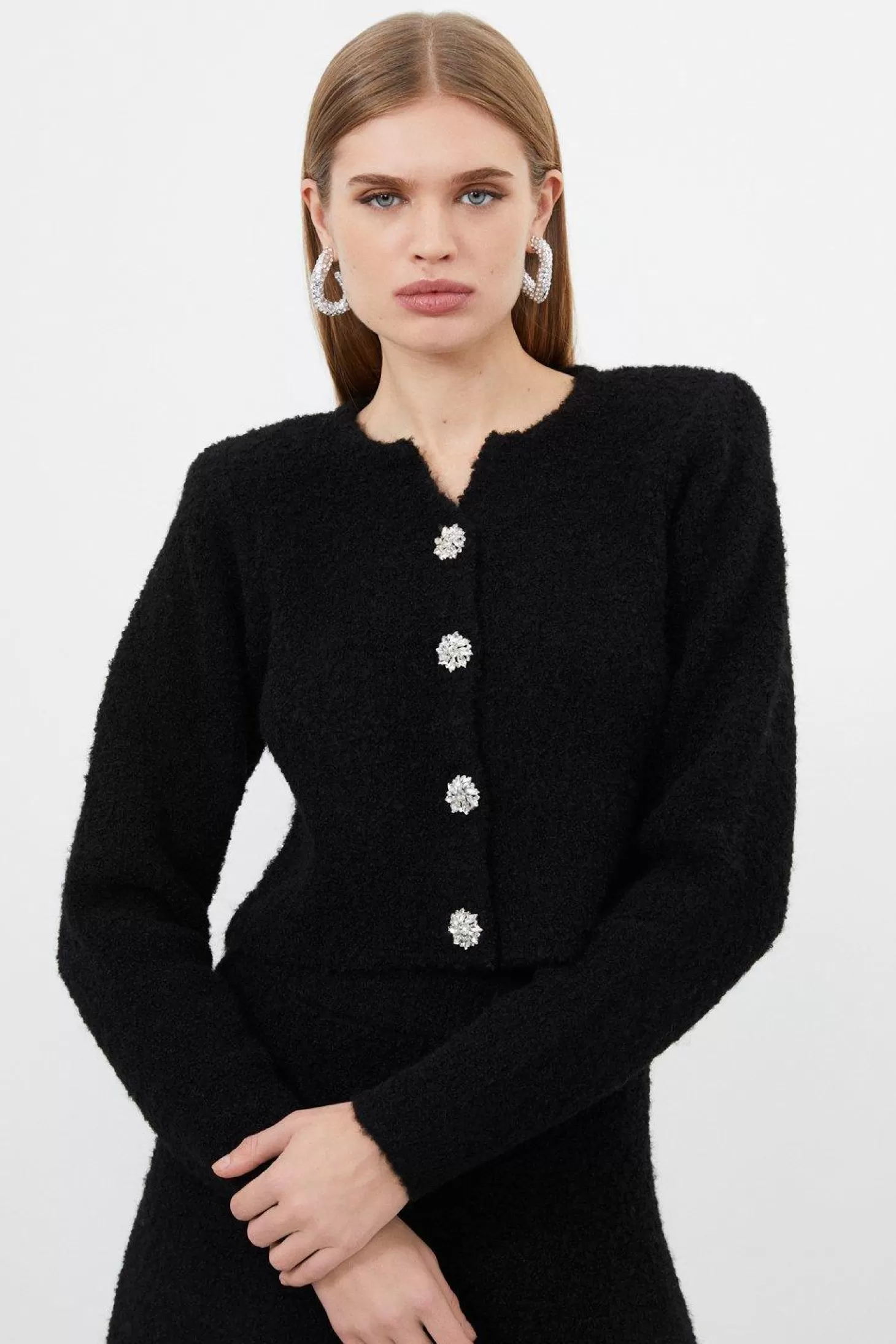 Karen Millen Boucle Knit Embellished Button Up Jacket