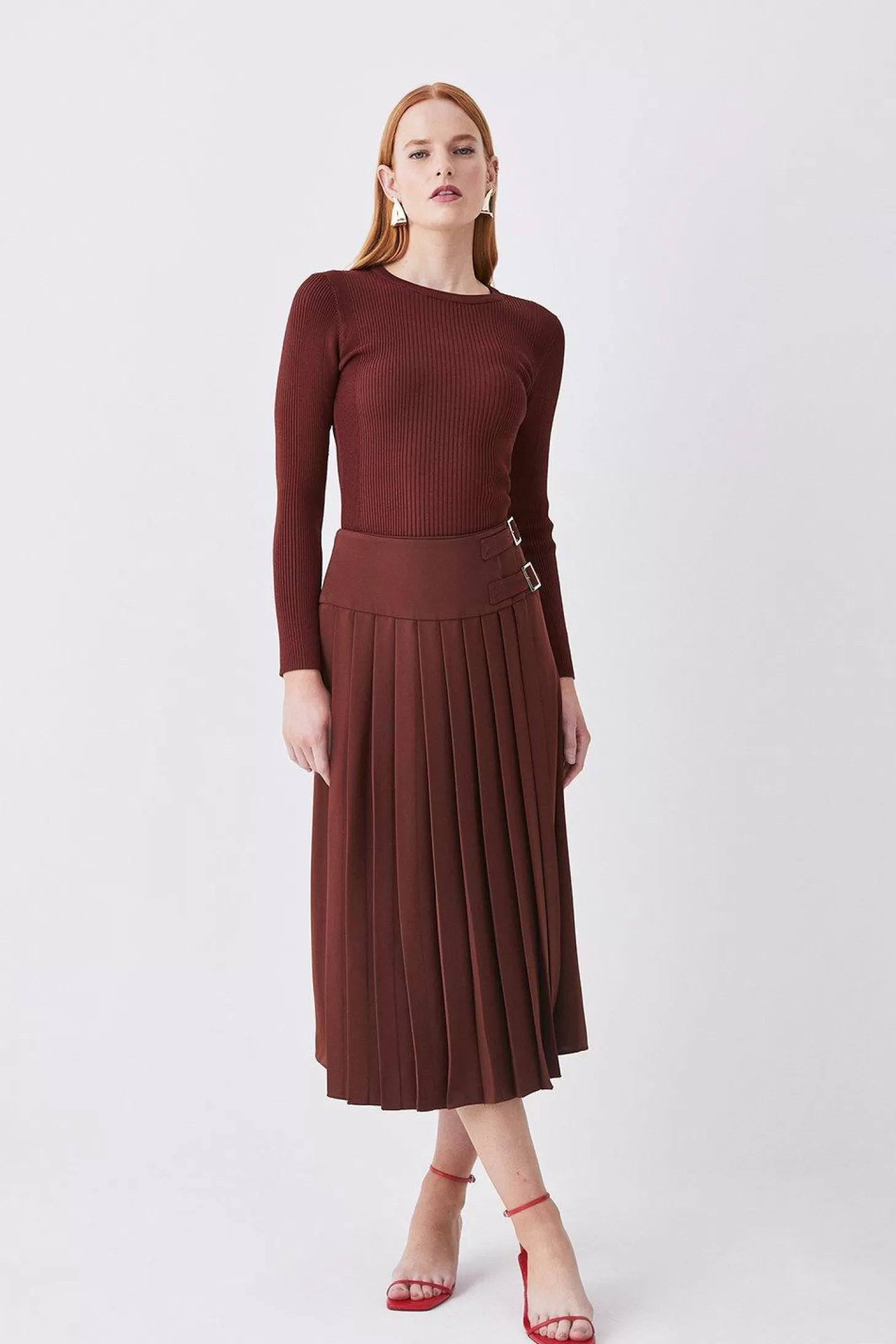 Karen Millen Buckle Detail Pleated Crepe Midi Skirt