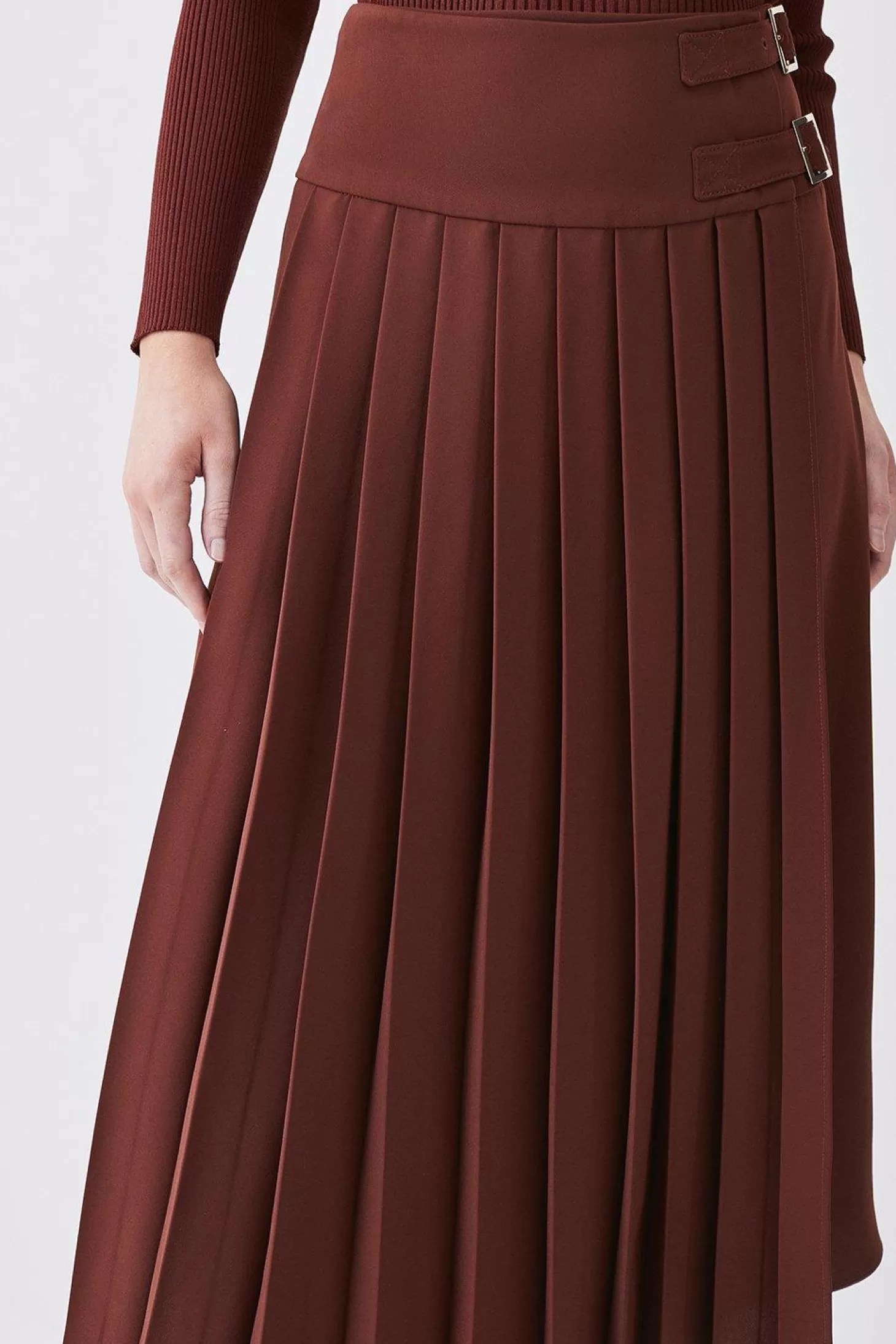 Karen Millen Buckle Detail Pleated Crepe Midi Skirt