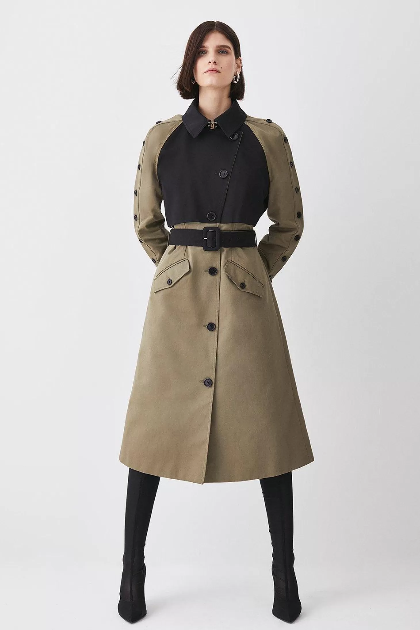 Karen Millen Button Detail Color Block Detail Trench Coat
