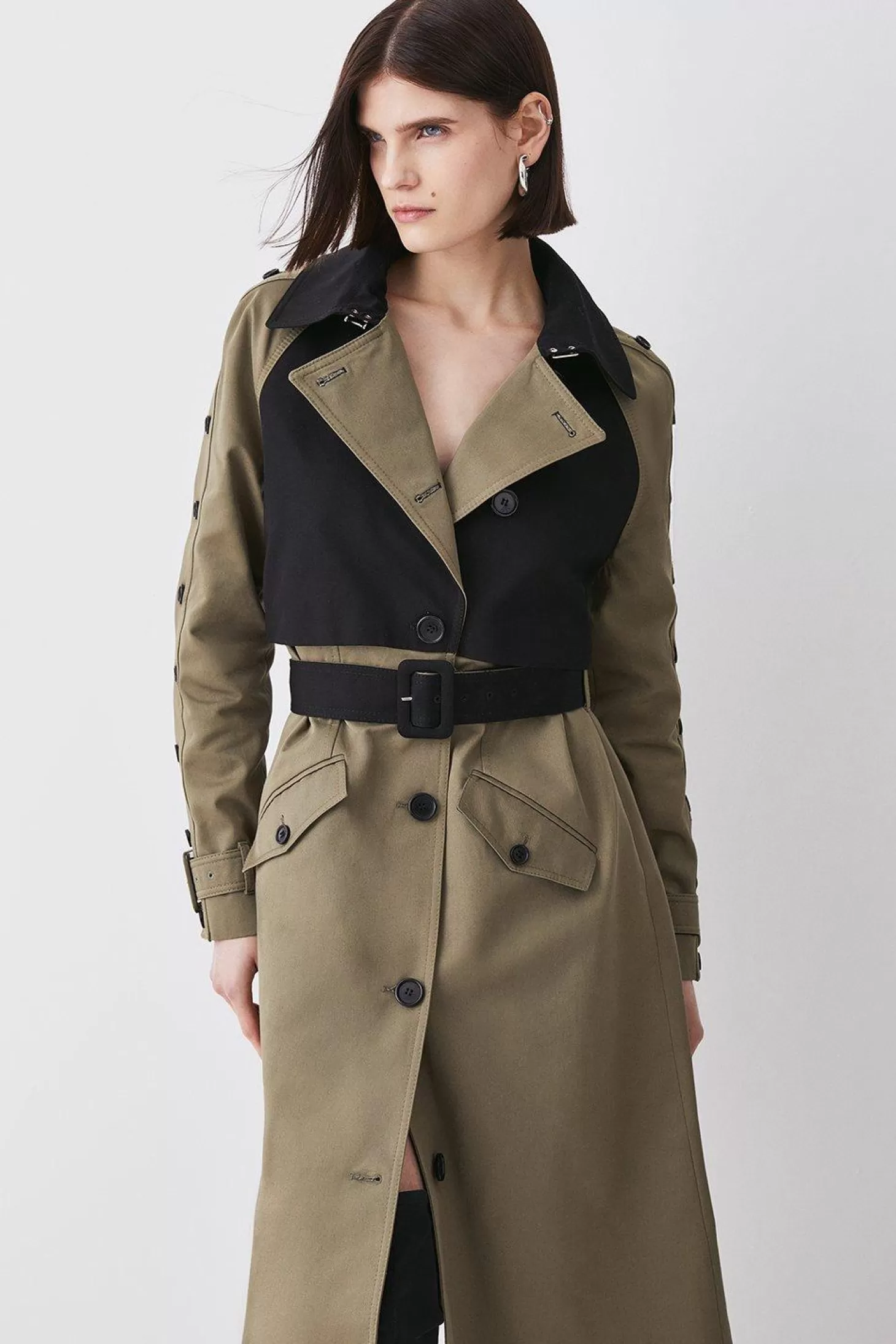 Karen Millen Button Detail Color Block Detail Trench Coat