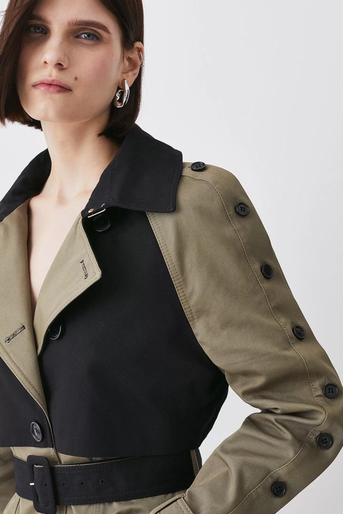 Karen Millen Button Detail Color Block Detail Trench Coat