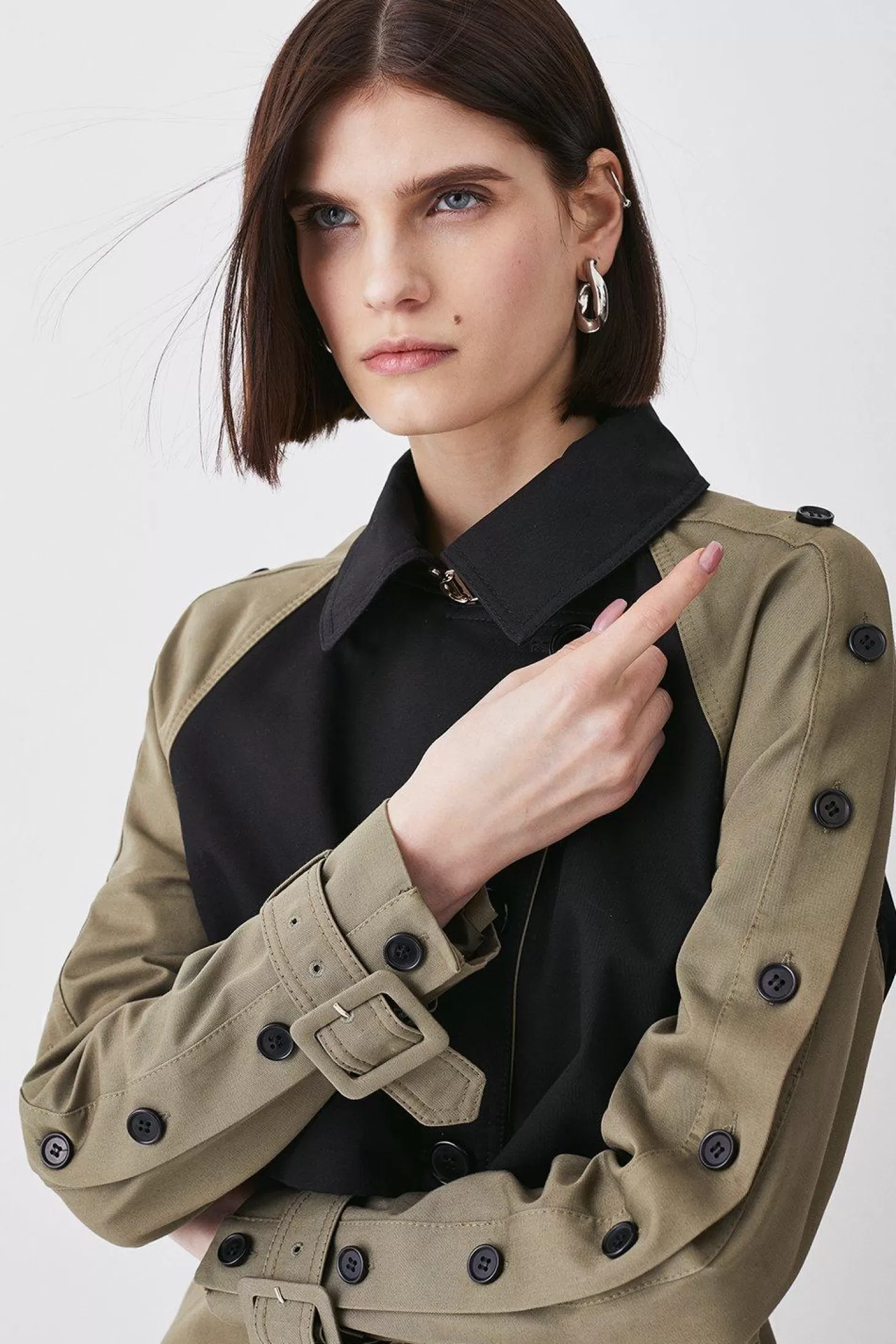 Karen Millen Button Detail Color Block Detail Trench Coat