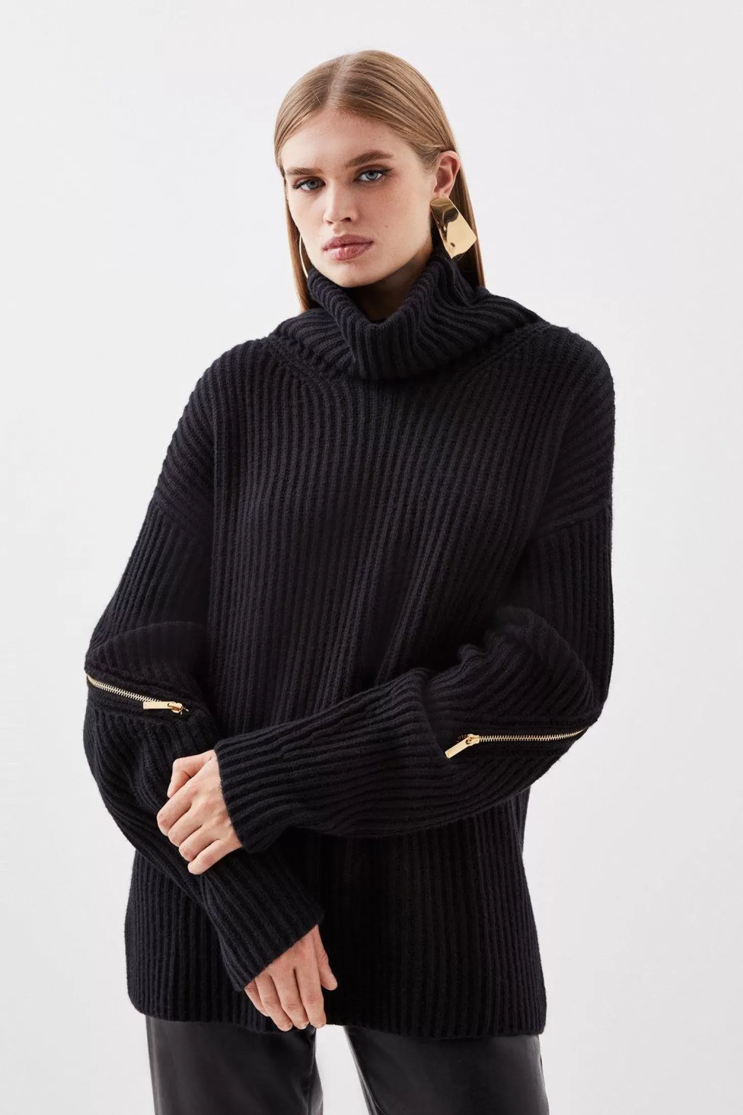 Karen Millen Cashmere Blend Turtleneck Knit Zip Detail Sweater