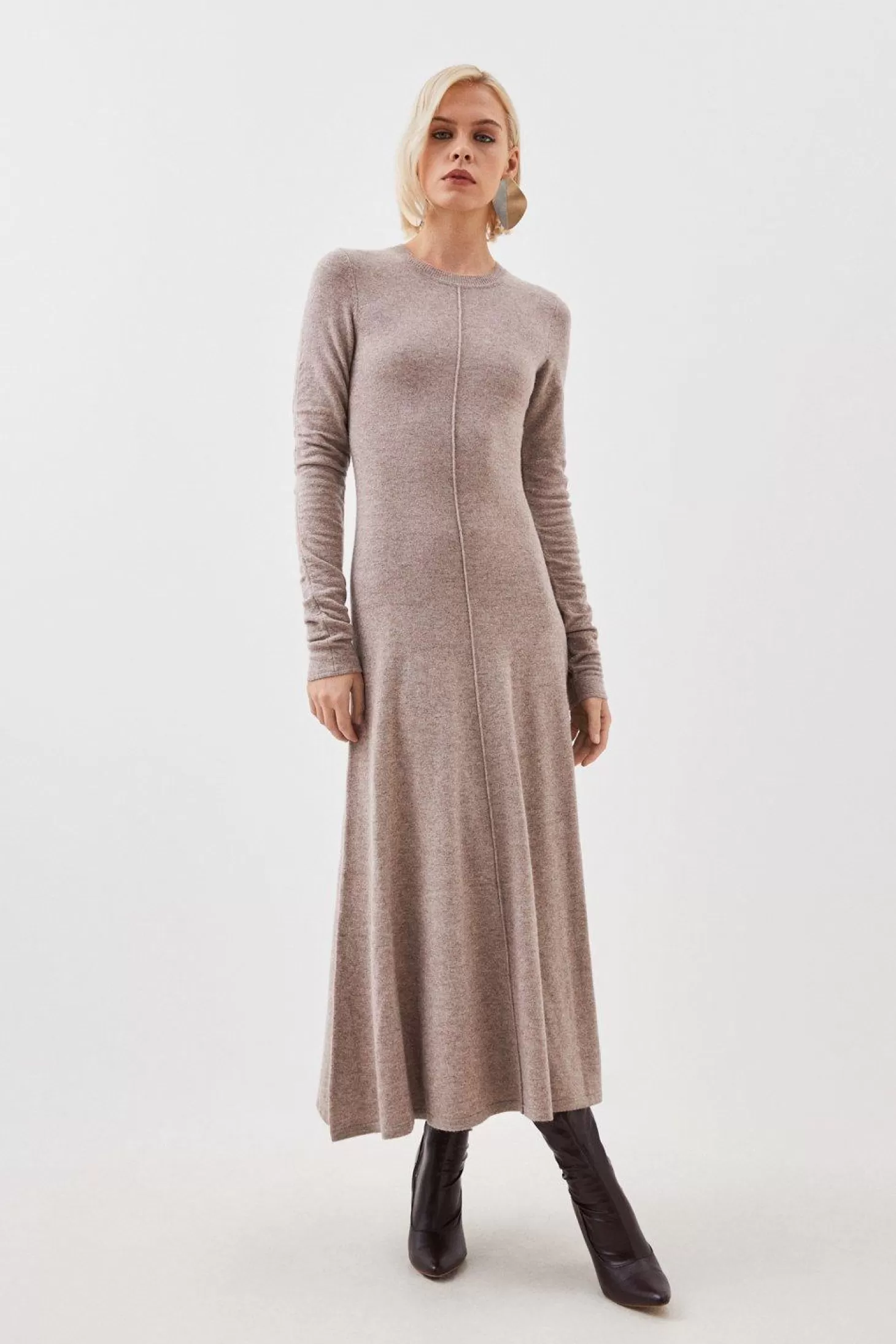 Karen Millen Cashmere Wool Crew Neck Ruched Sleeve Midi Dress