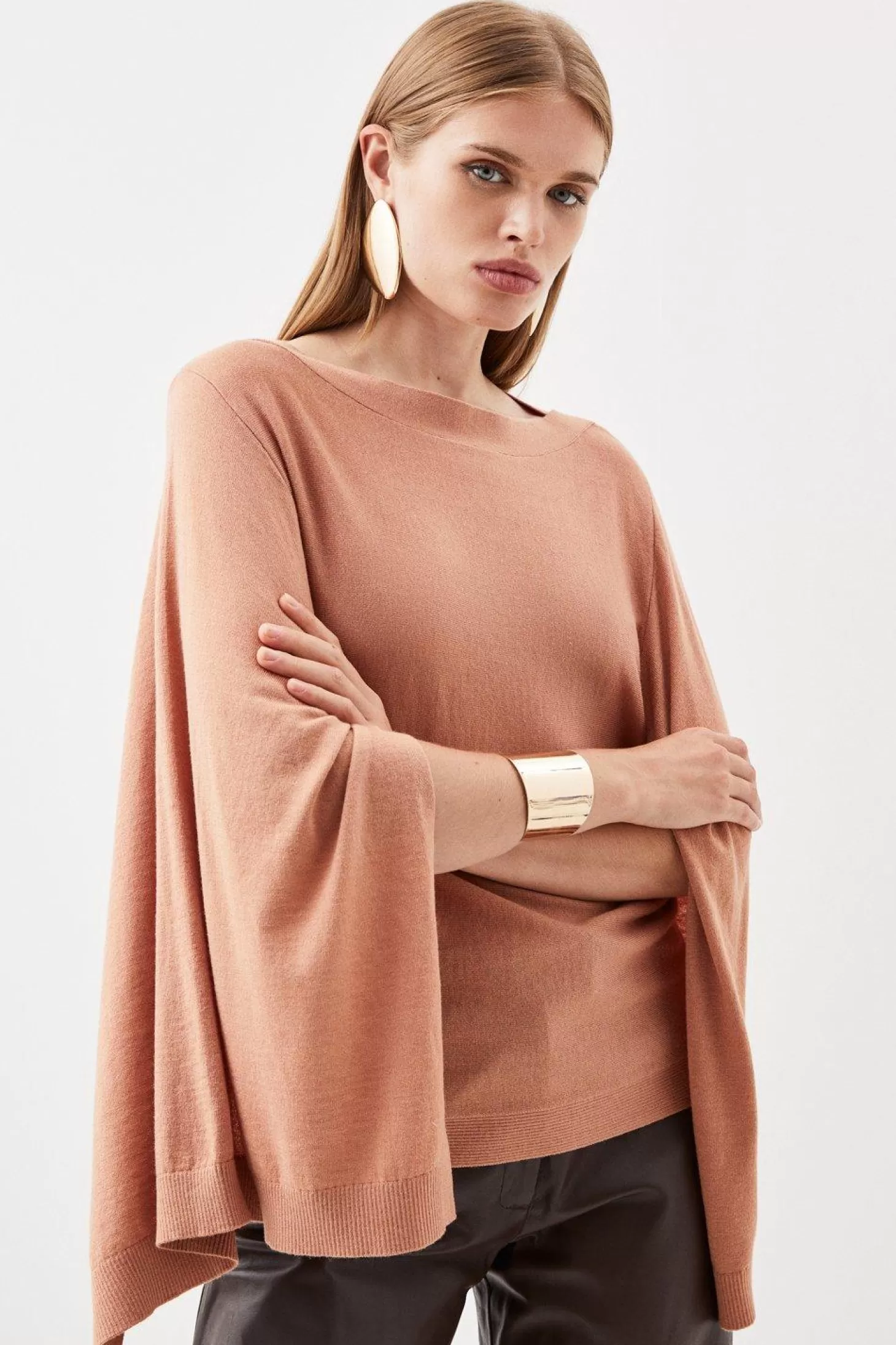 Karen Millen Cashmere Wool Drama Sleeve Slash Neck Knit Top