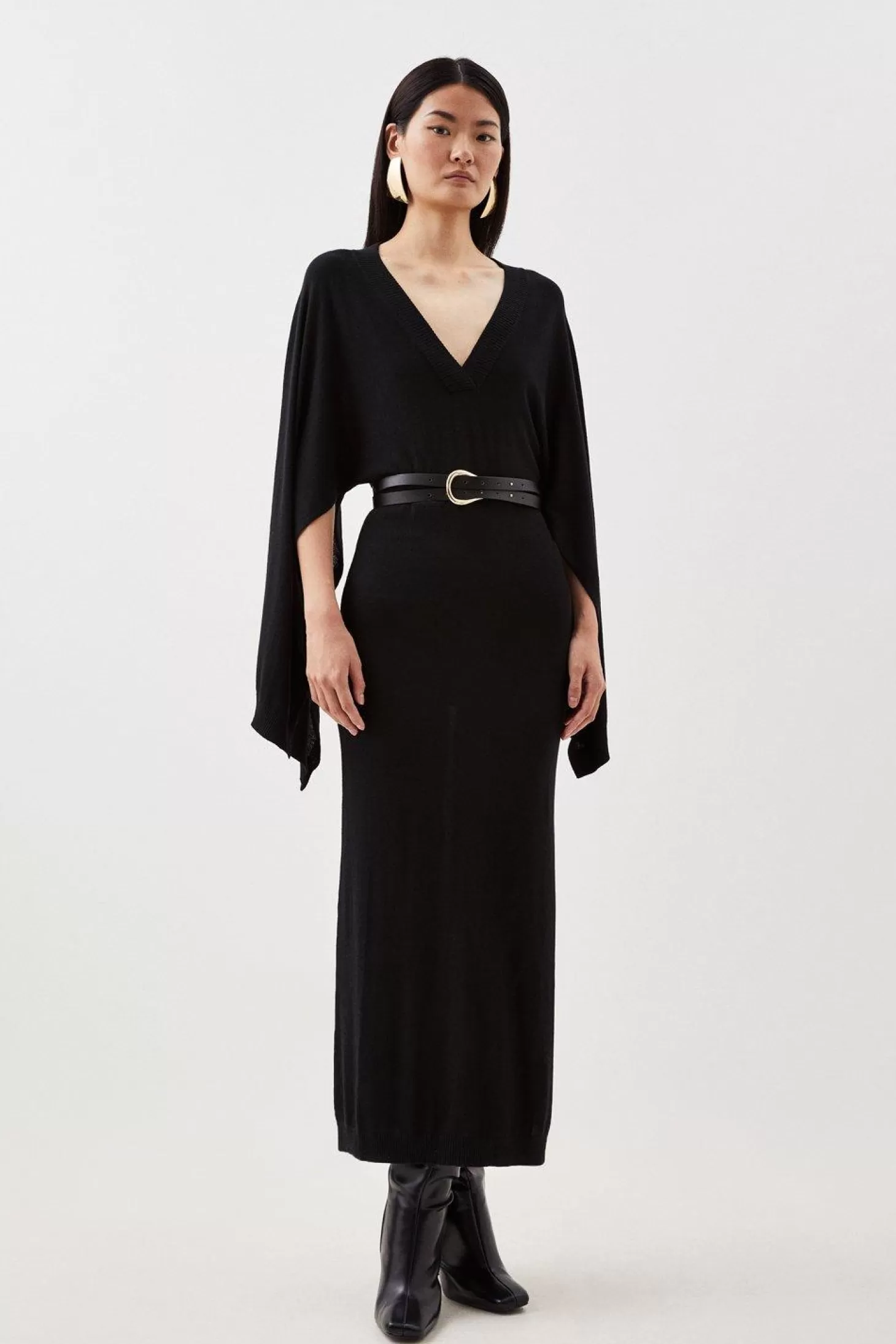 Karen Millen Cashmere Wool V Neck Drama Sleeve Midaxi Knit Dress