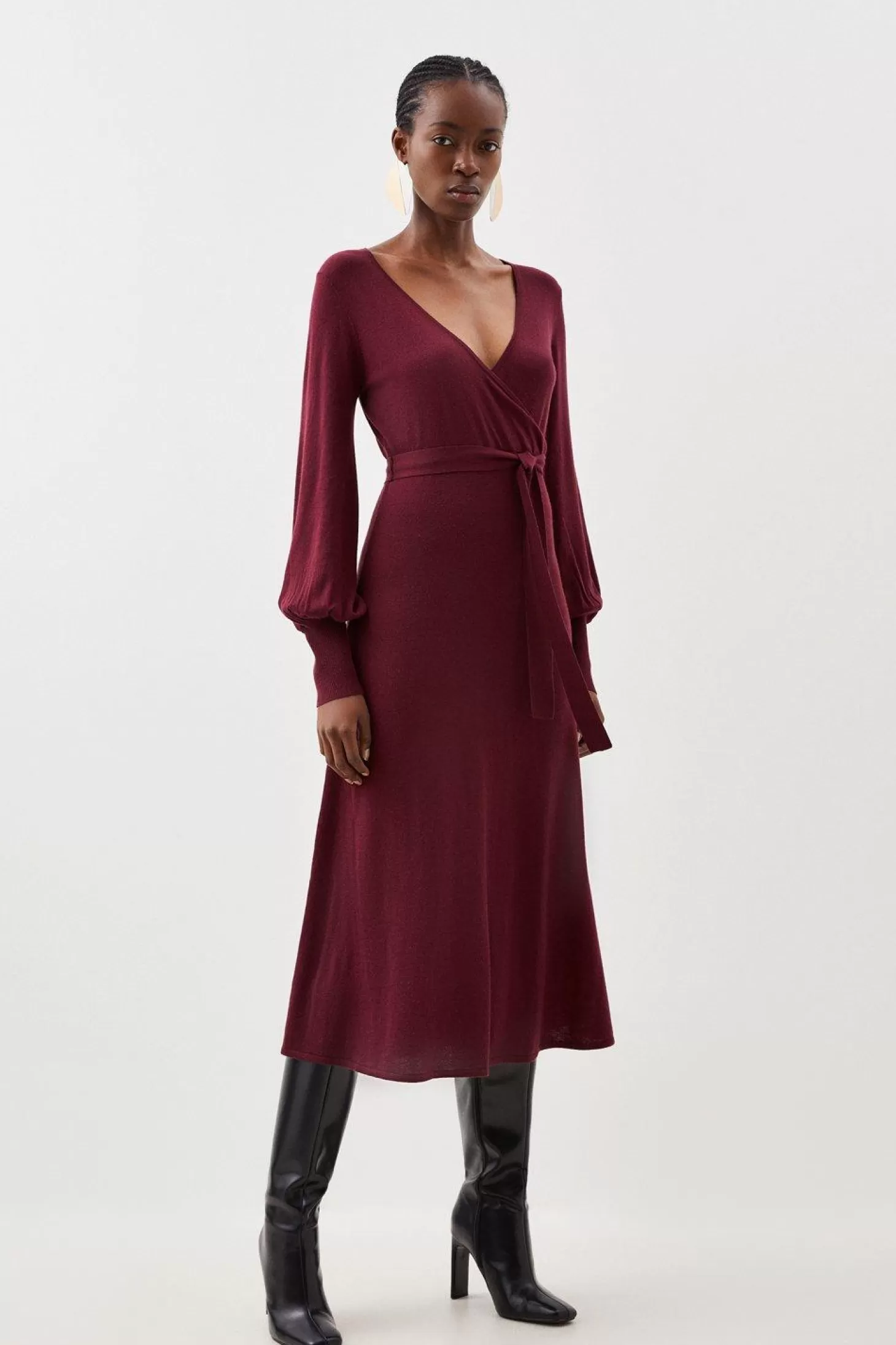 Karen Millen Cashmere Wool Wrap Full Sleeve Belted Knit Midi Dress