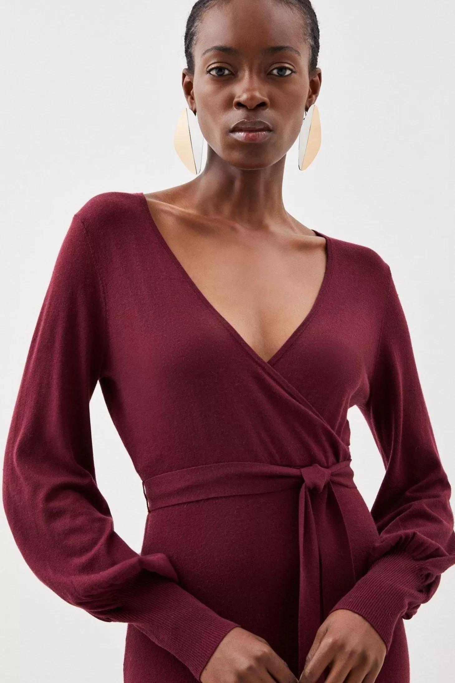 Karen Millen Cashmere Wool Wrap Full Sleeve Belted Knit Midi Dress