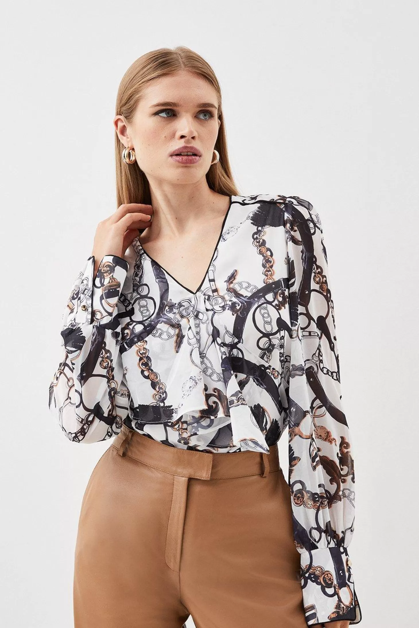 Karen Millen Chain Print Draped Ruffle Top