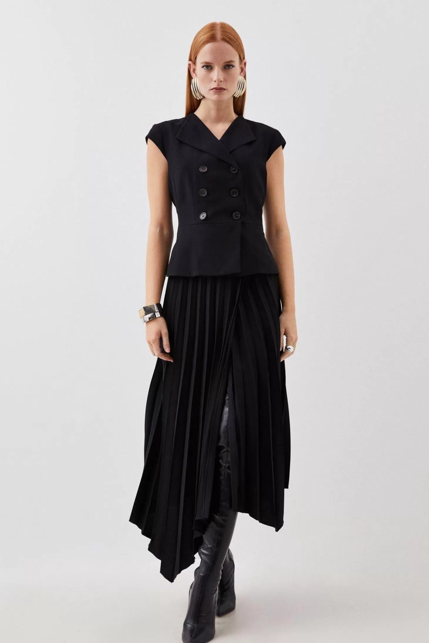 Karen Millen Clean Tailored Cap Sleeve Belted Asymmetric Pleated Midi Dress
