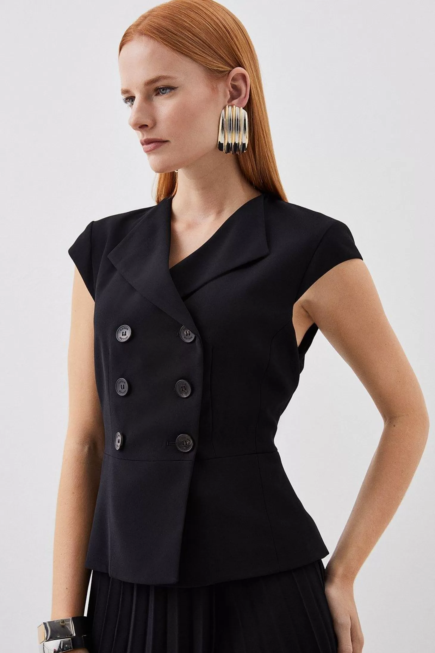 Karen Millen Clean Tailored Cap Sleeve Belted Asymmetric Pleated Midi Dress
