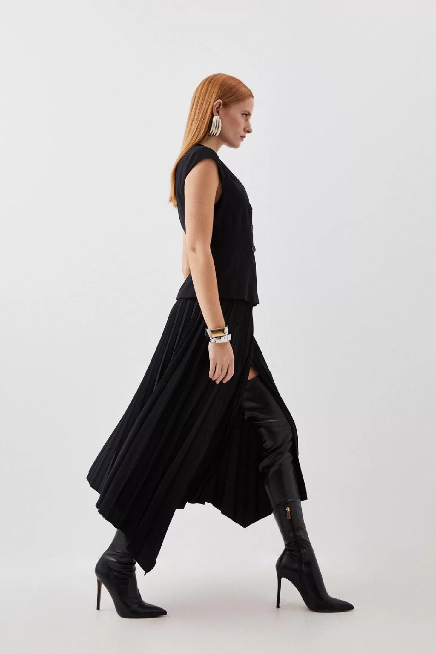 Karen Millen Clean Tailored Cap Sleeve Belted Asymmetric Pleated Midi Dress