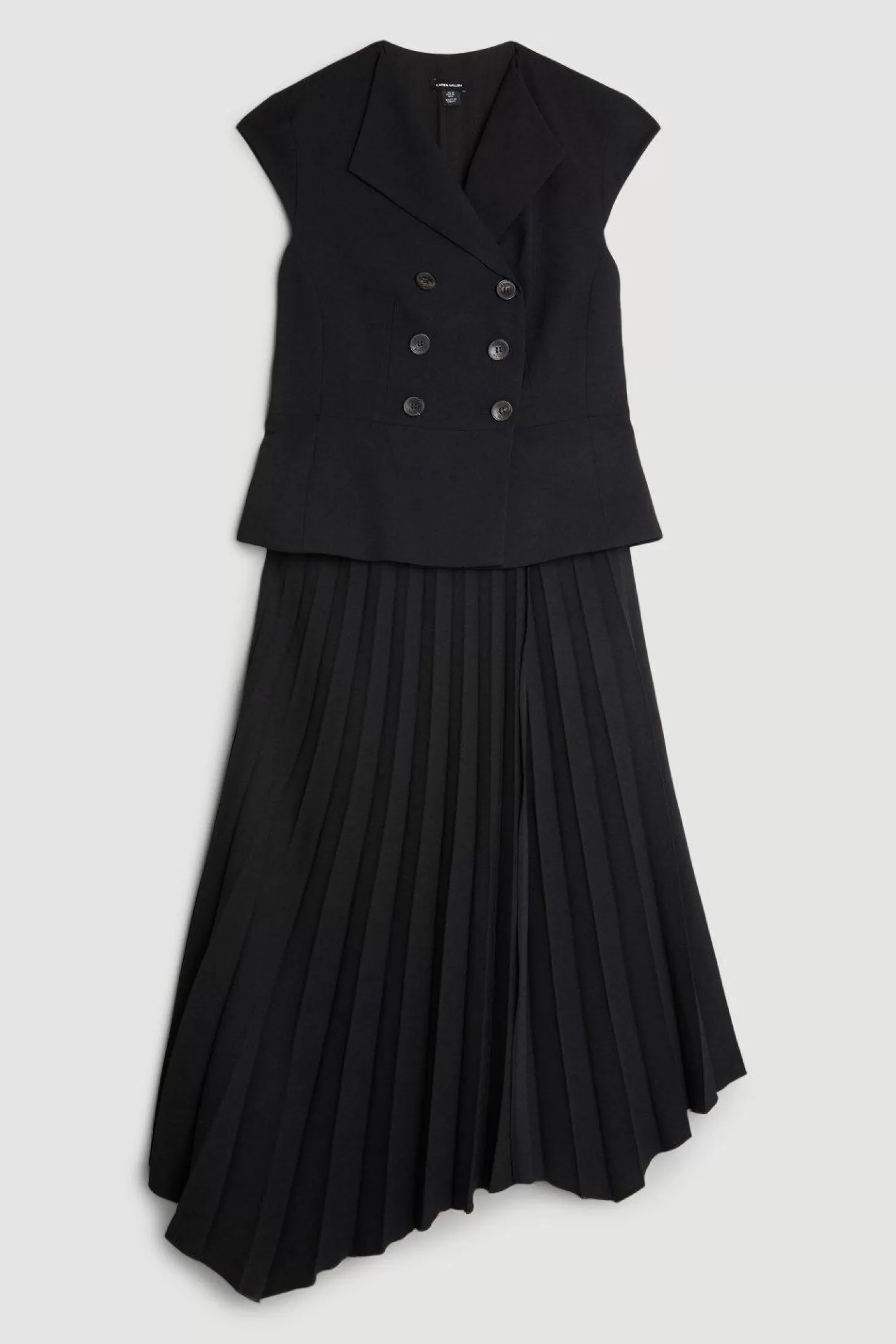 Karen Millen Clean Tailored Cap Sleeve Belted Asymmetric Pleated Midi Dress