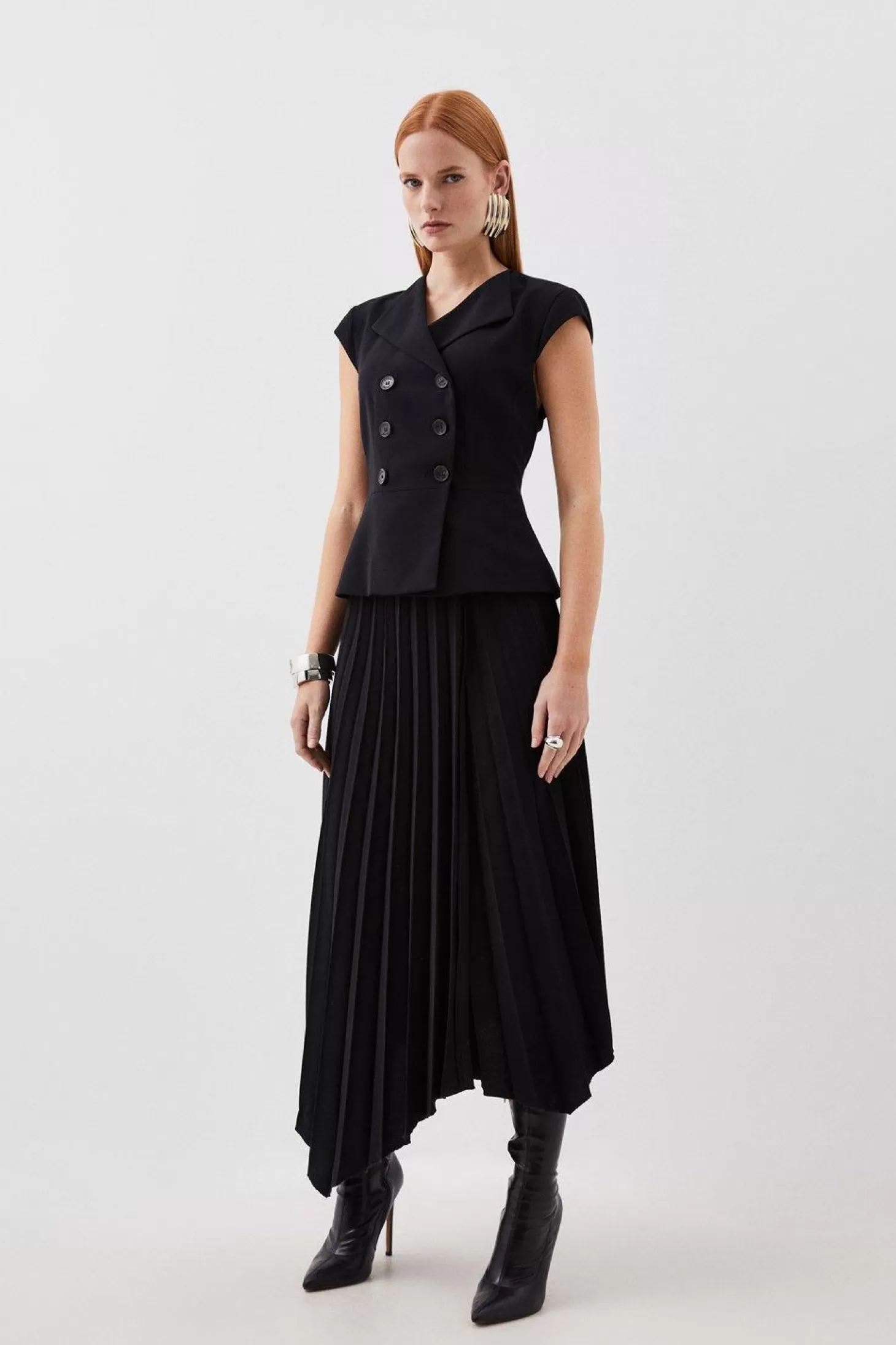 Karen Millen Clean Tailored Cap Sleeve Belted Asymmetric Pleated Midi Dress
