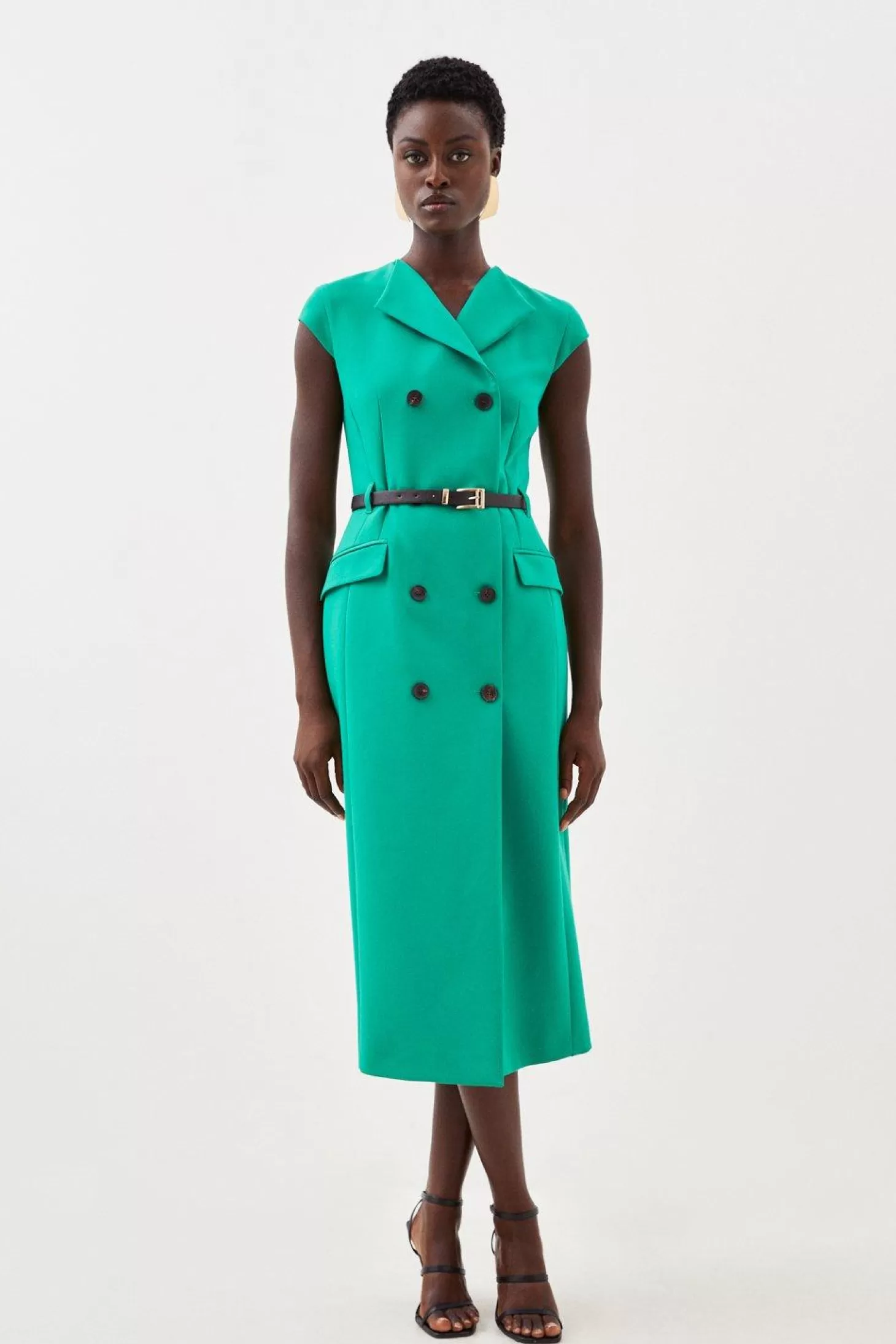 Karen Millen Clean Tailored Cap Sleeve Belted Midi Dress