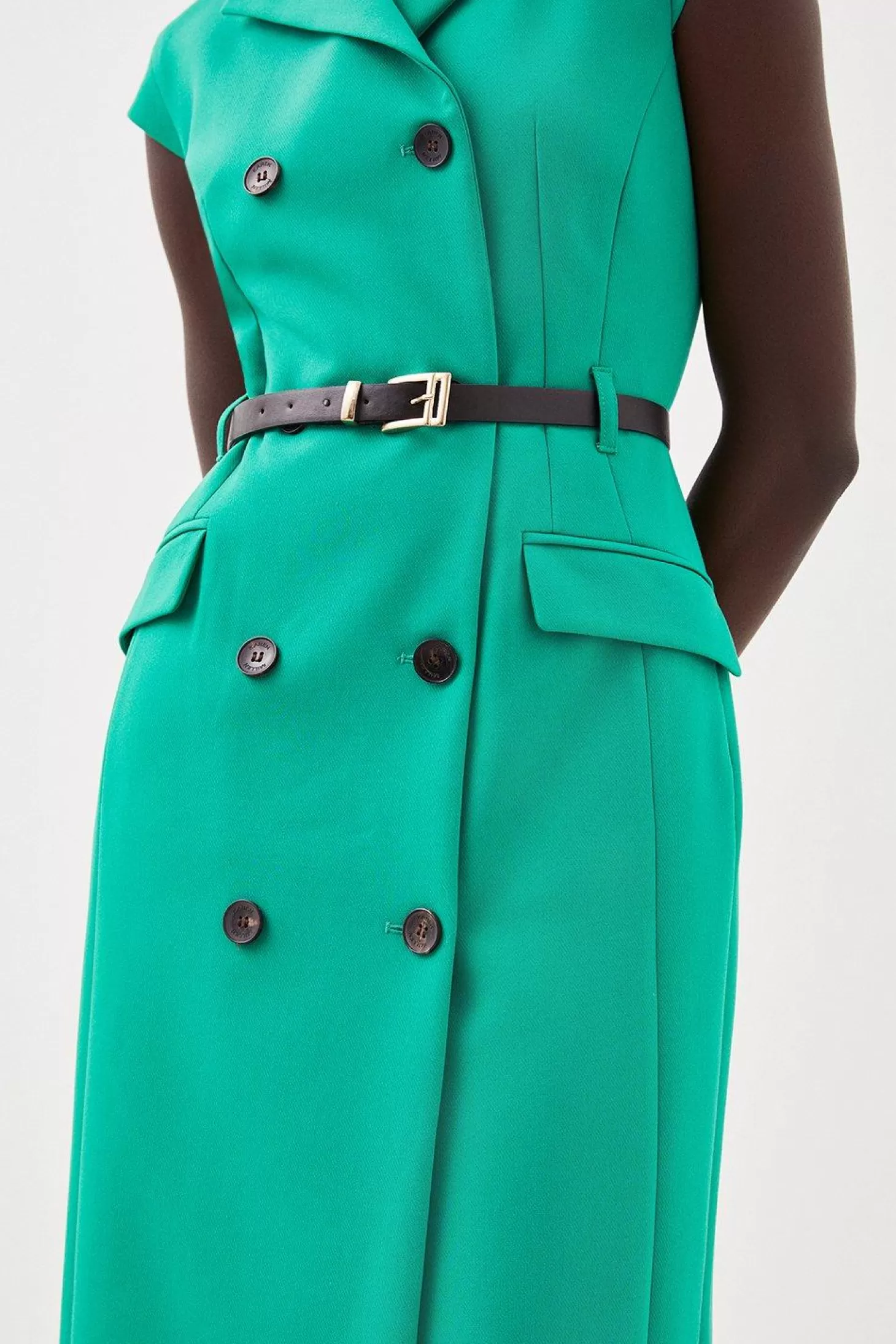 Karen Millen Clean Tailored Cap Sleeve Belted Midi Dress