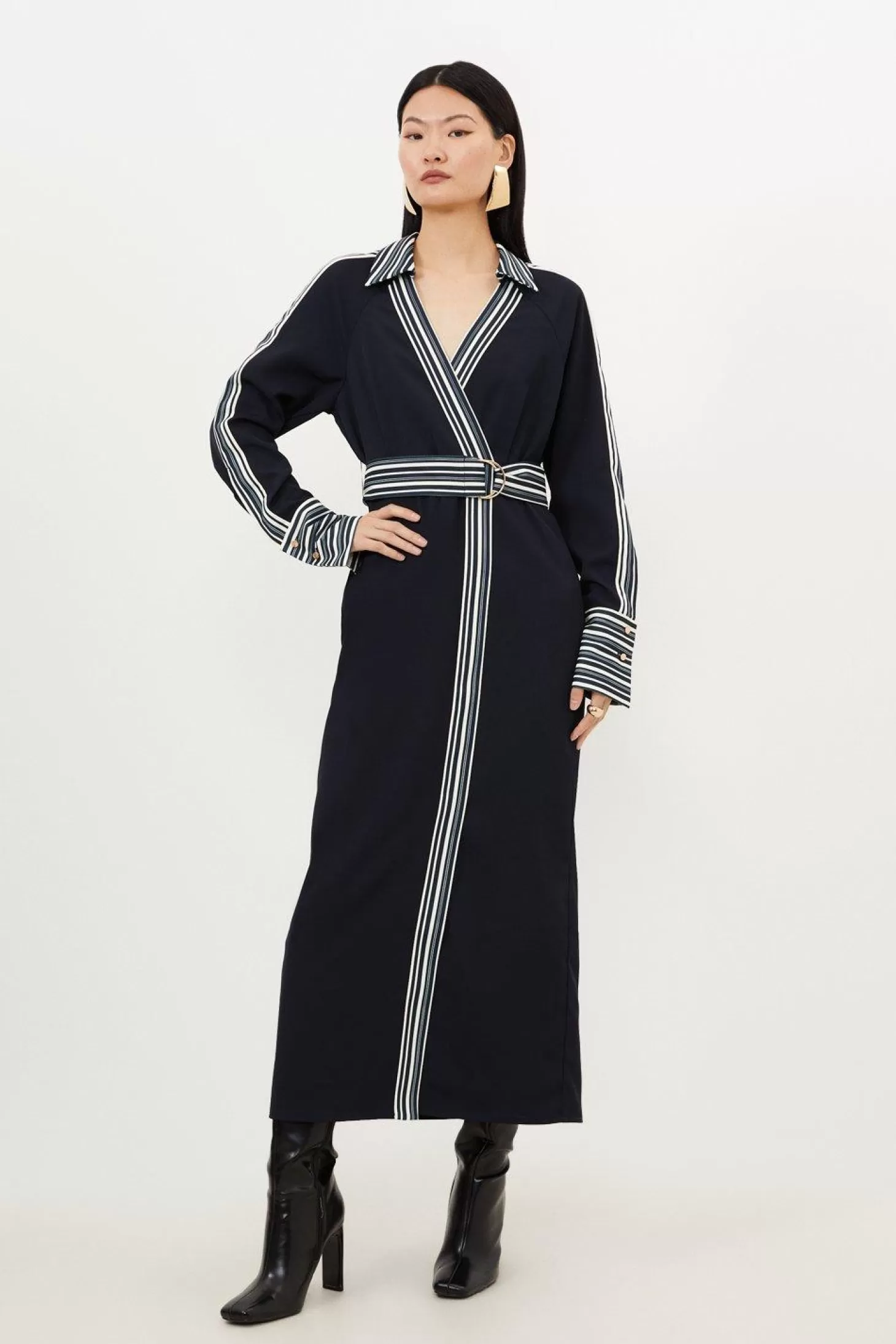 Karen Millen Collared Contrast Twill Woven Belted Midaxi Dress