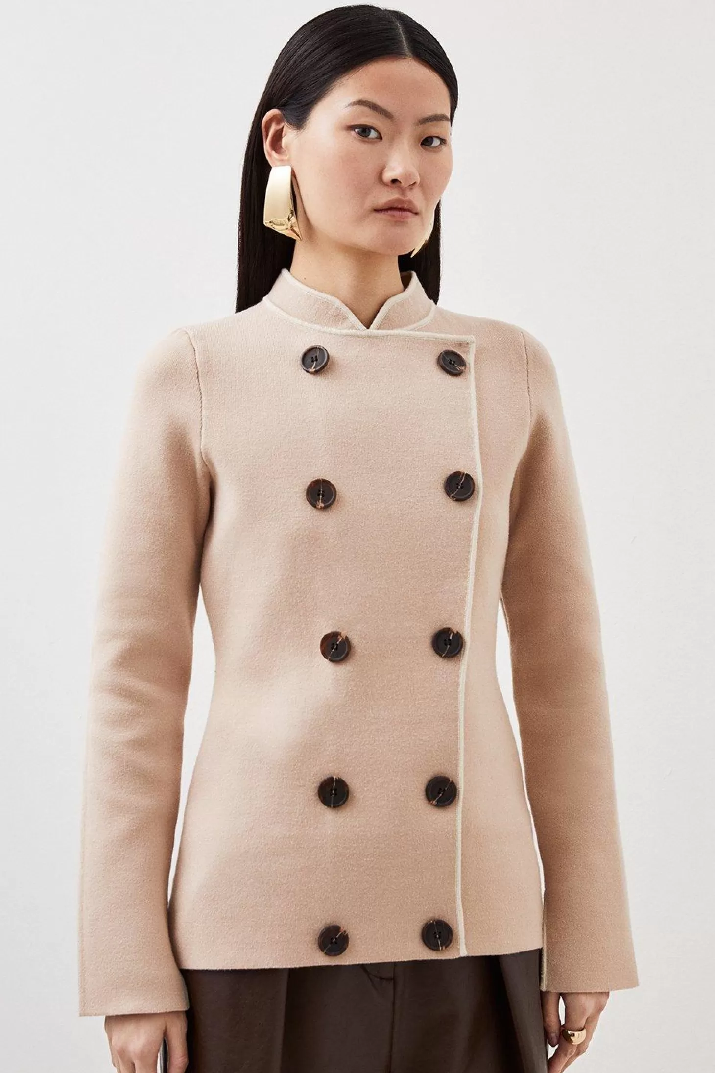 Karen Millen Compact Knit Wool Look Contrast Color Double Breasted Jacket