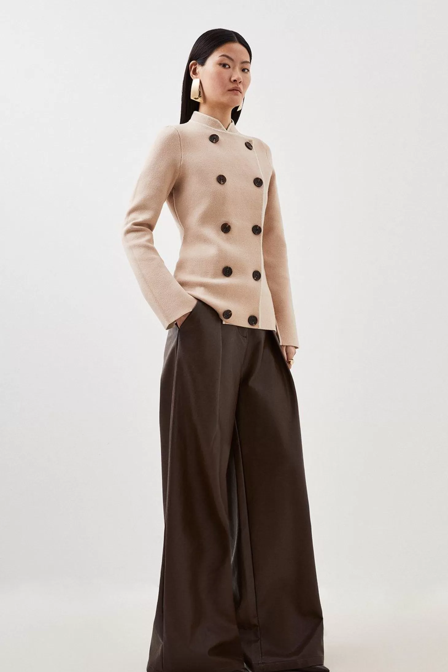 Karen Millen Compact Knit Wool Look Contrast Color Double Breasted Jacket