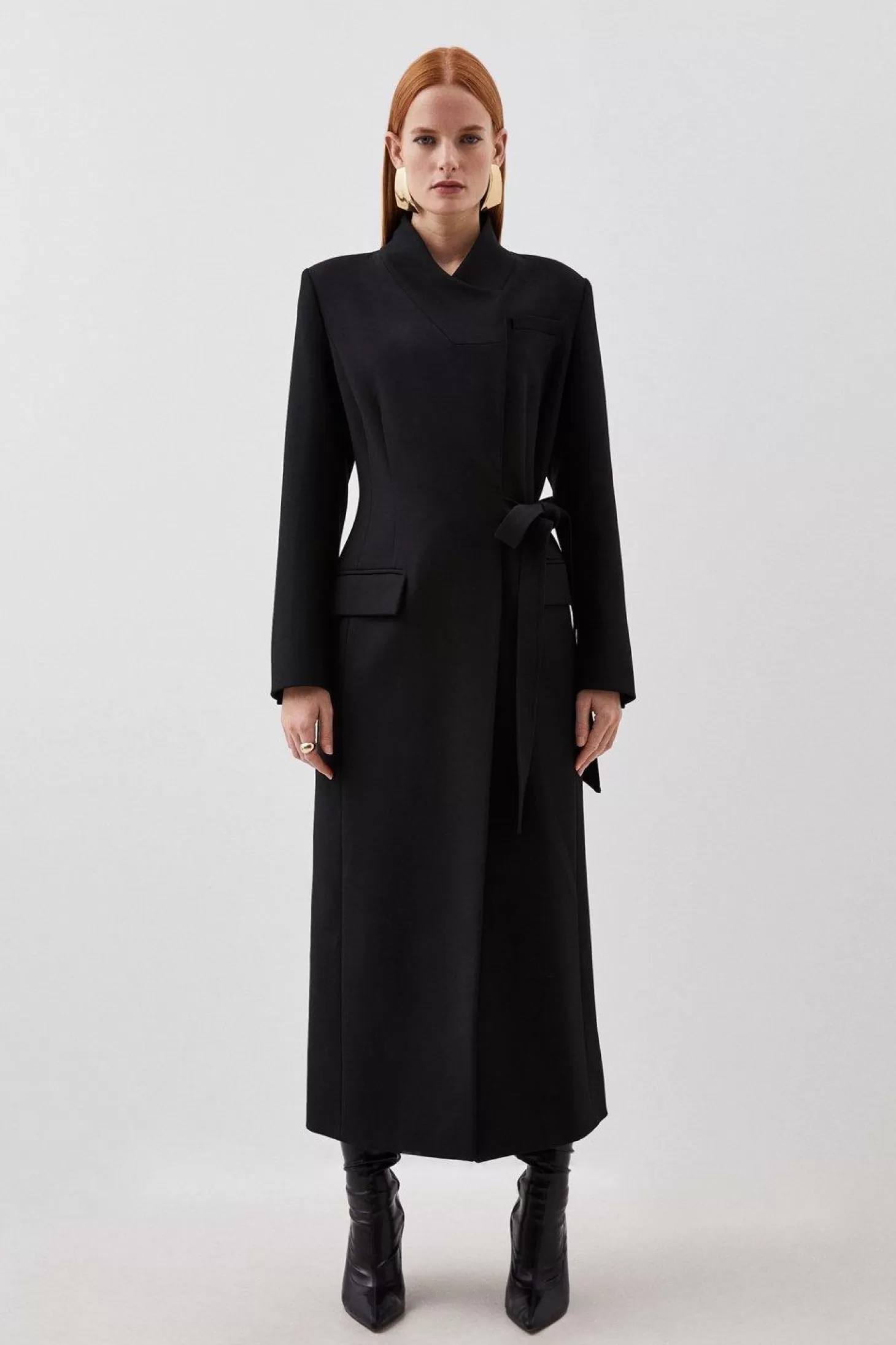 Karen Millen Compact Stretch Asymmetric Side Belted Maxi Coat