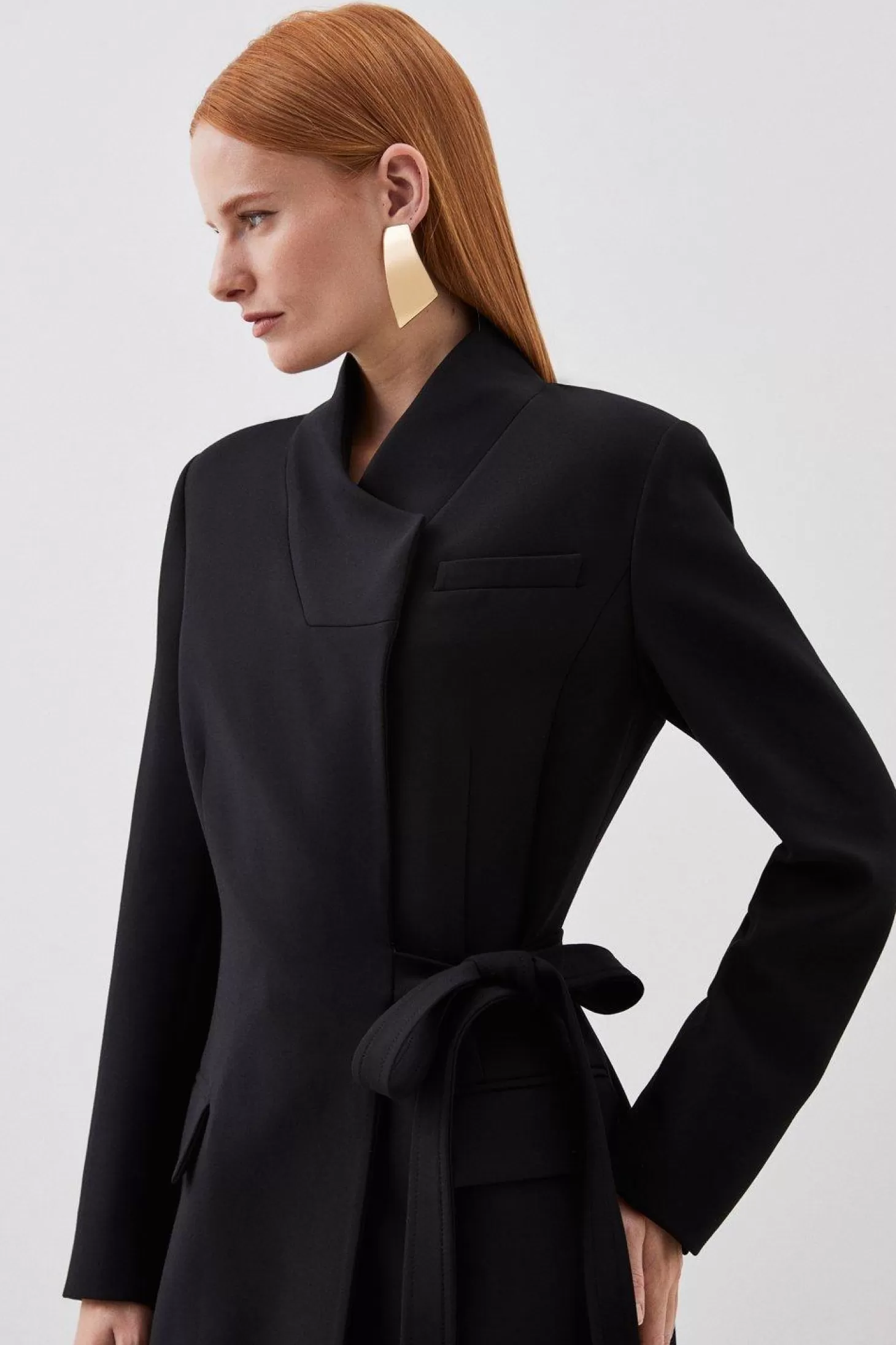 Karen Millen Compact Stretch Asymmetric Side Belted Maxi Coat