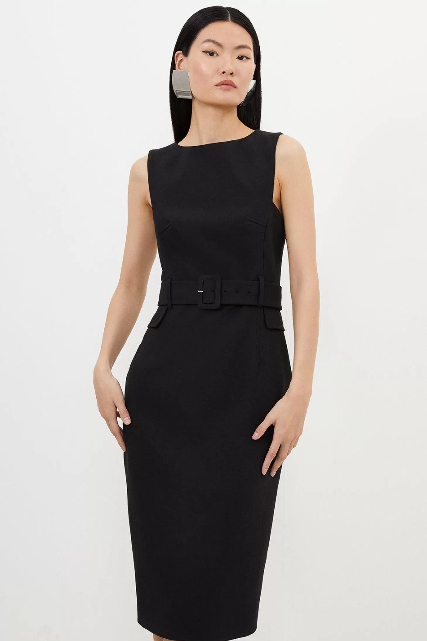 Karen Millen Compact Stretch Belted Tailored Midi Pencil Dress