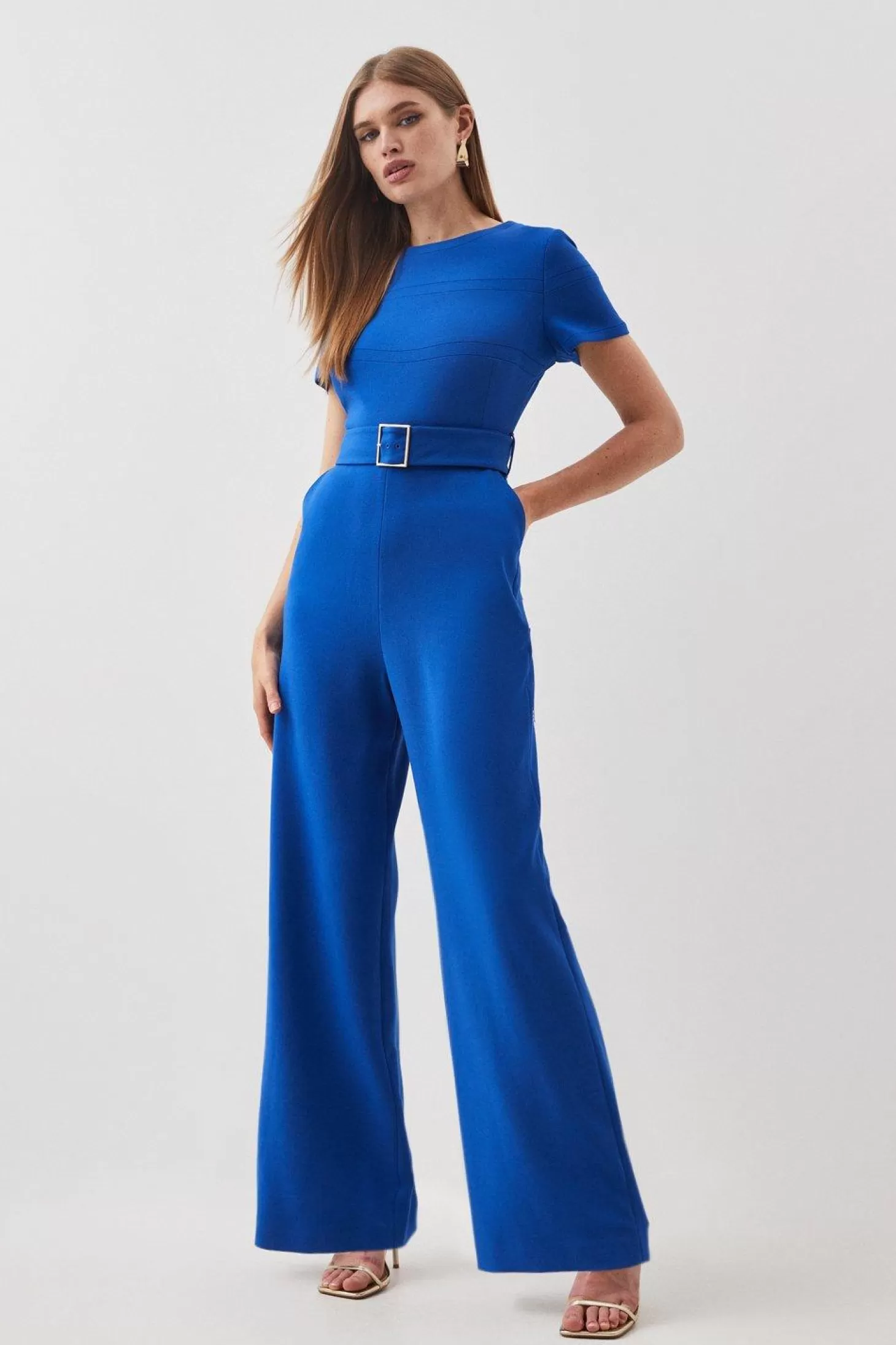 Karen Millen Compact Stretch Belted Wide Leg Tailored Jumpsuit