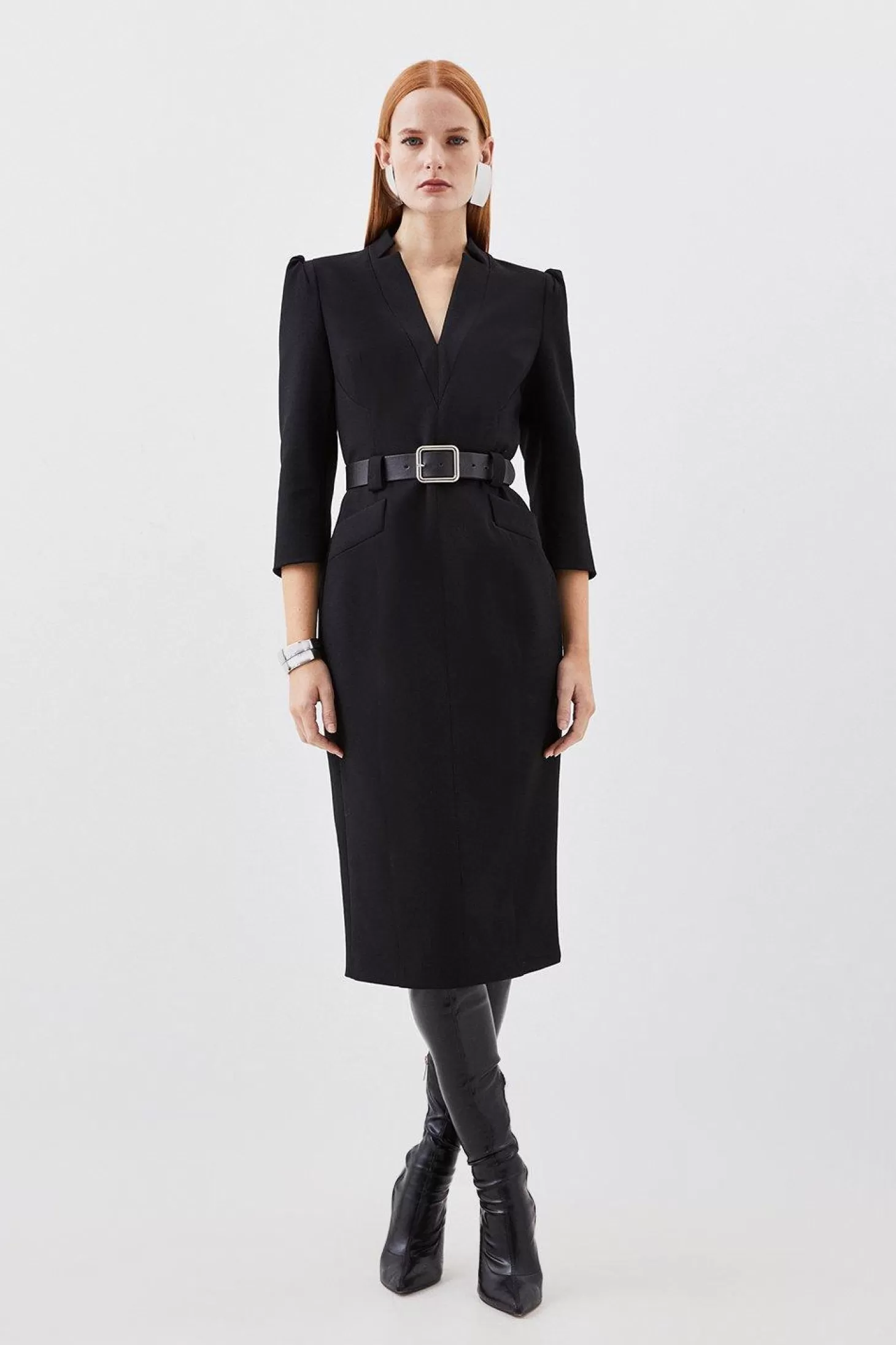 Karen Millen Compact Stretch Tailored Forever Belted Midi Dress