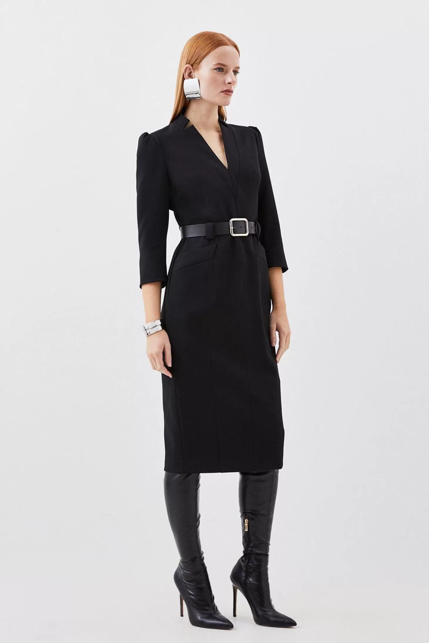 Karen Millen Compact Stretch Tailored Forever Belted Midi Dress