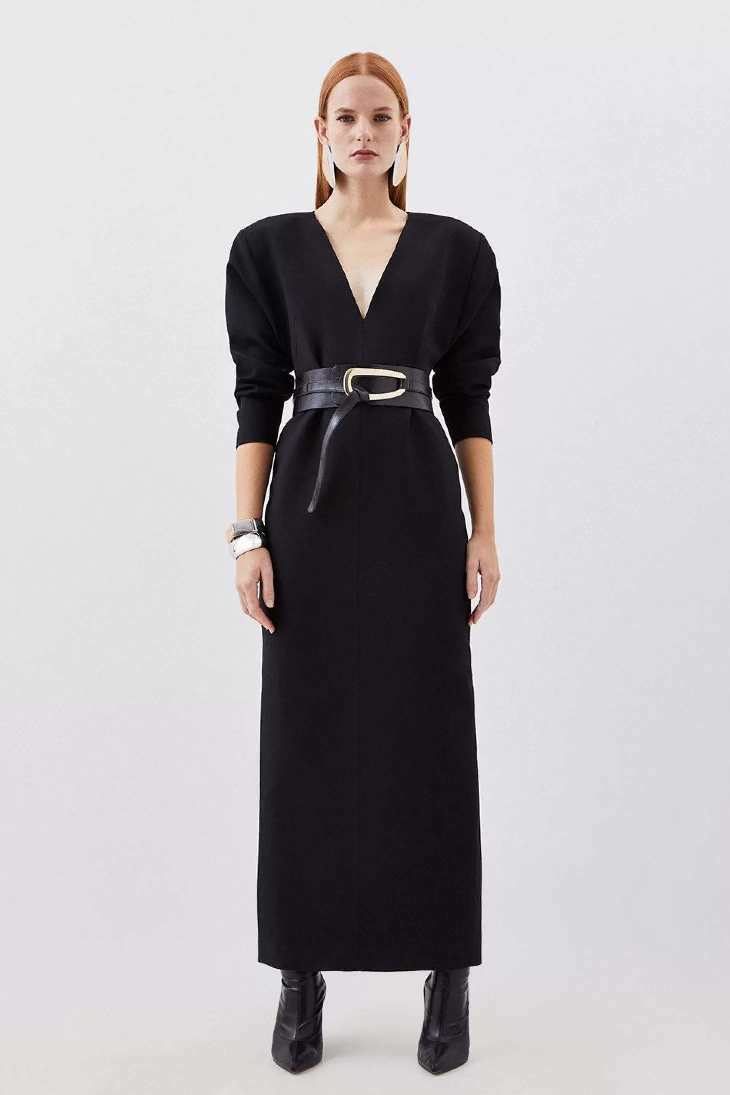 Karen Millen Compact Stretch Tailored Ruched Sleeve Maxi Dress