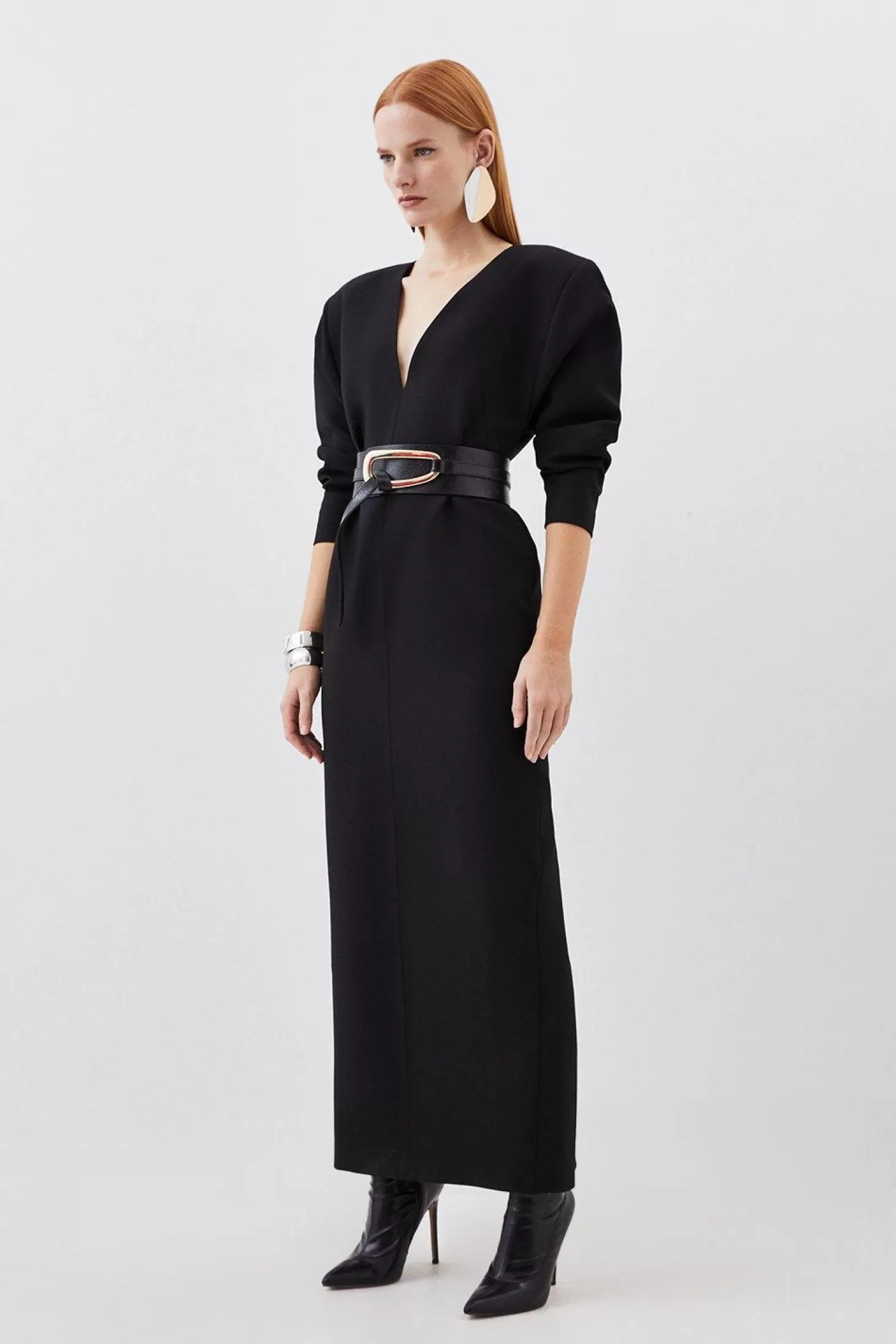 Karen Millen Compact Stretch Tailored Ruched Sleeve Maxi Dress