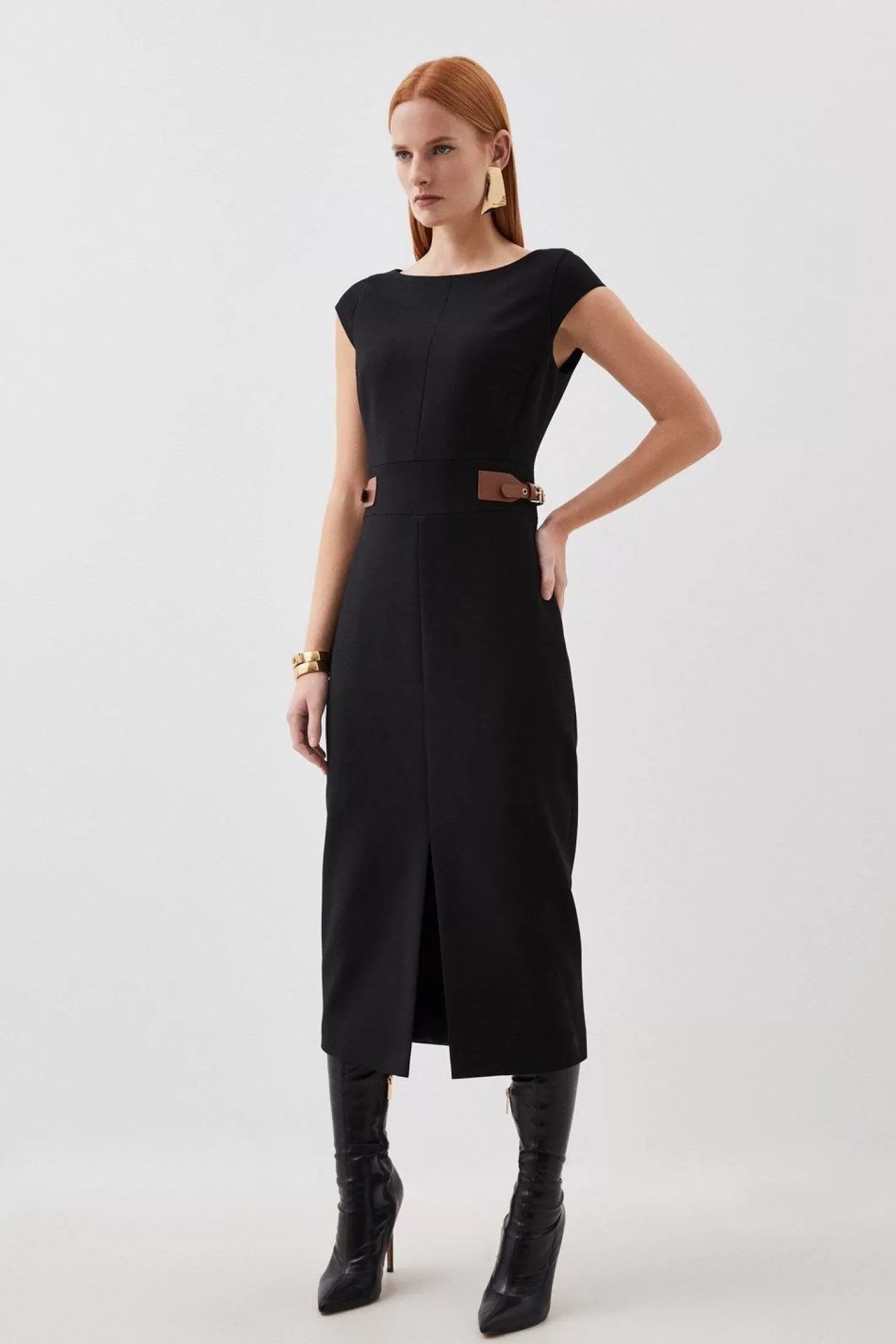 Karen Millen Compact Stretch Tailored Tab Detail Cap Sleeve Midi Dress
